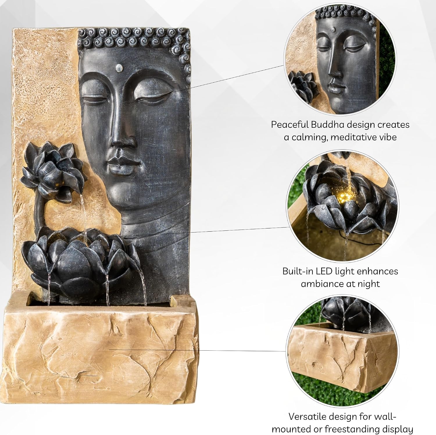 XBrand 30" H Zen Buddha Face Water Fountain w/LED Light & Pump, Indoor/Outdoor Freestanding, Relaxing Zen Décor
