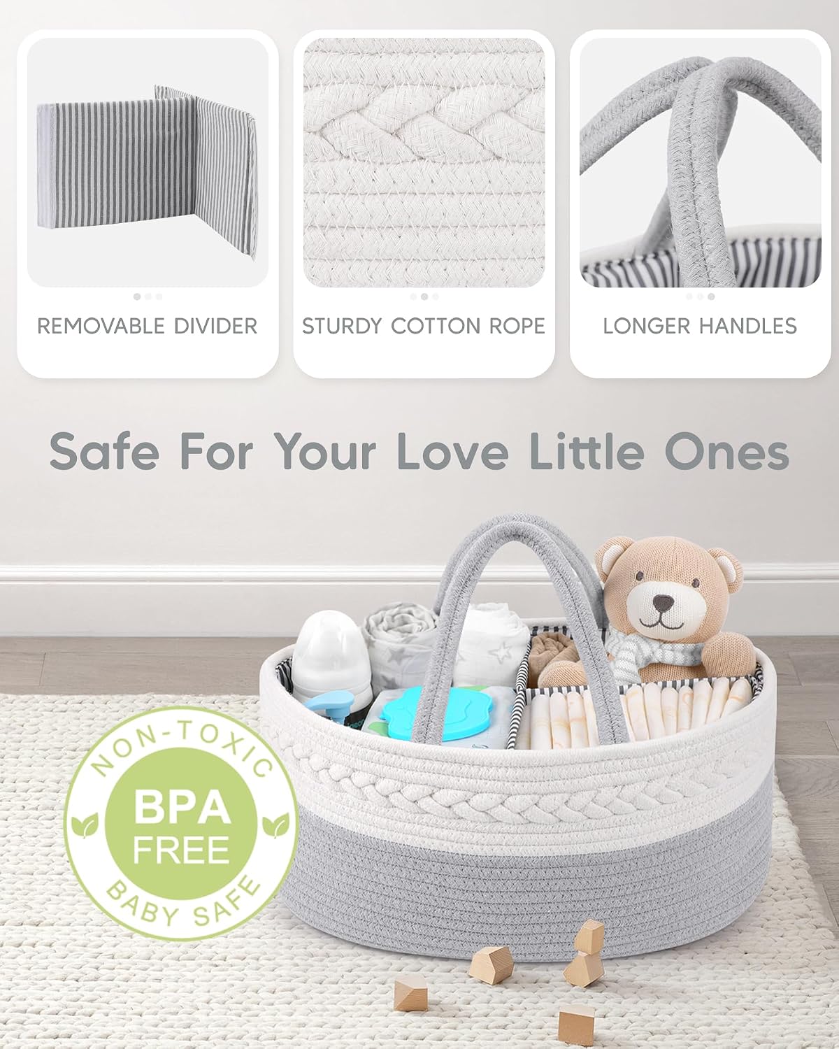 Maliton Diaper Caddy Organizer for Baby, Cotton Rope Baby Gift Basket, Portable Diaper Organizer for changing table, Nursery Storage Organizer