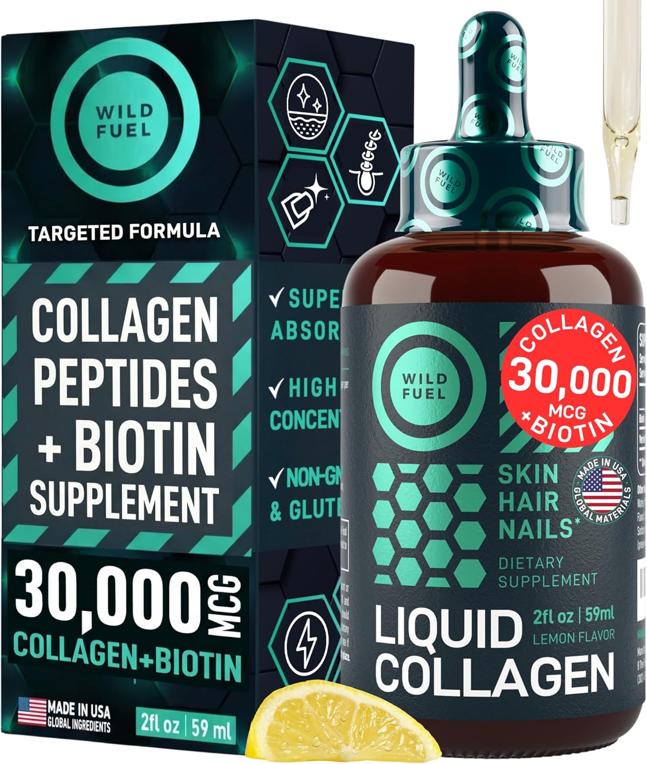 Liquid Collagen for Women and Men - 30, 000mcg Hydrolyzed Collagen Peptides Liquid with Biotin Vitamins for Hair, Skin