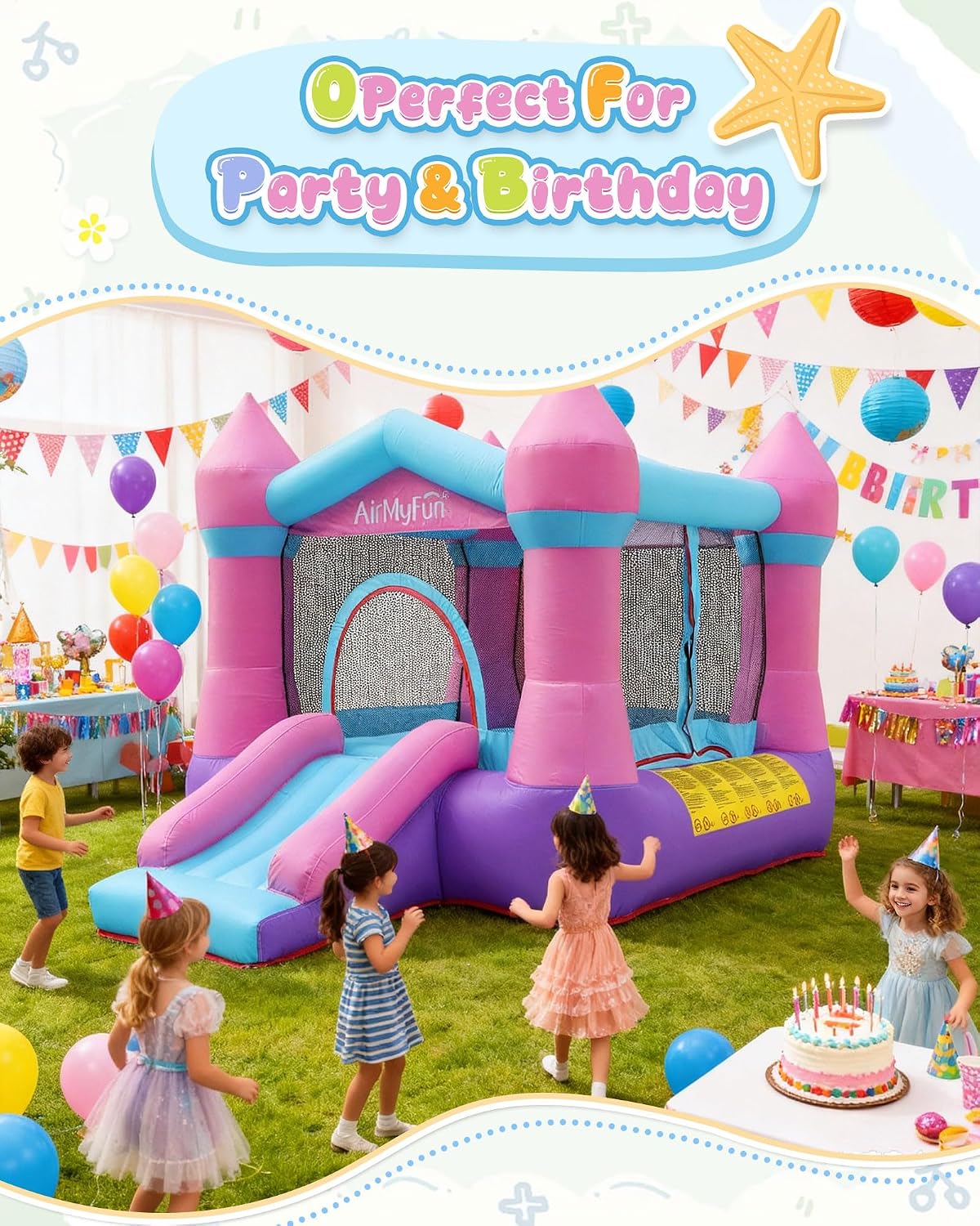 AirMyFun Pink Inflatable Toddler Bounce House with Blower, Indoor/Outdoor Jumping Castle for Kids 3-8, Inflatable Bouncy House with Slide, 82011B
