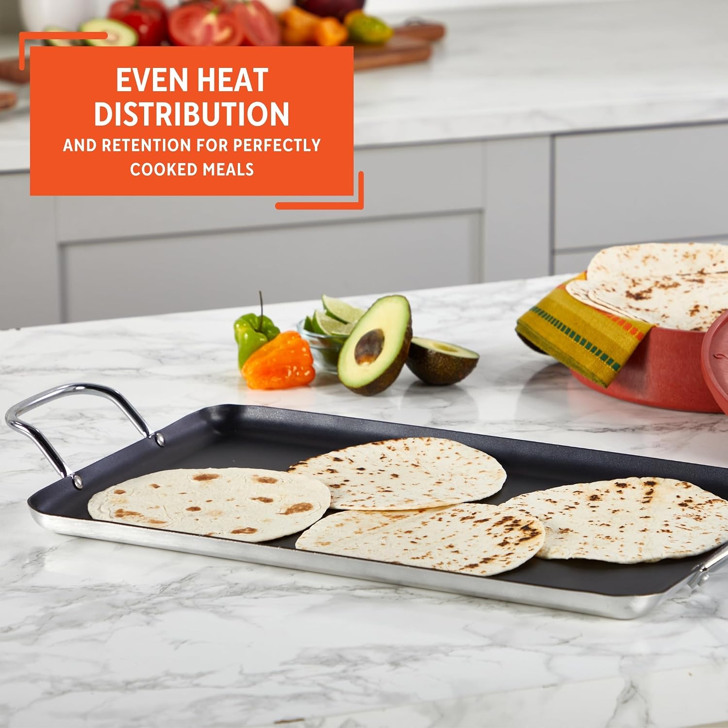 Imusa Double Burner Griddle Non-Stick 20-Inch, Black | Nonstick Coated Surface, Dual Side Handles, Ideal for Breakfast Foods, Perfect for Gatherings