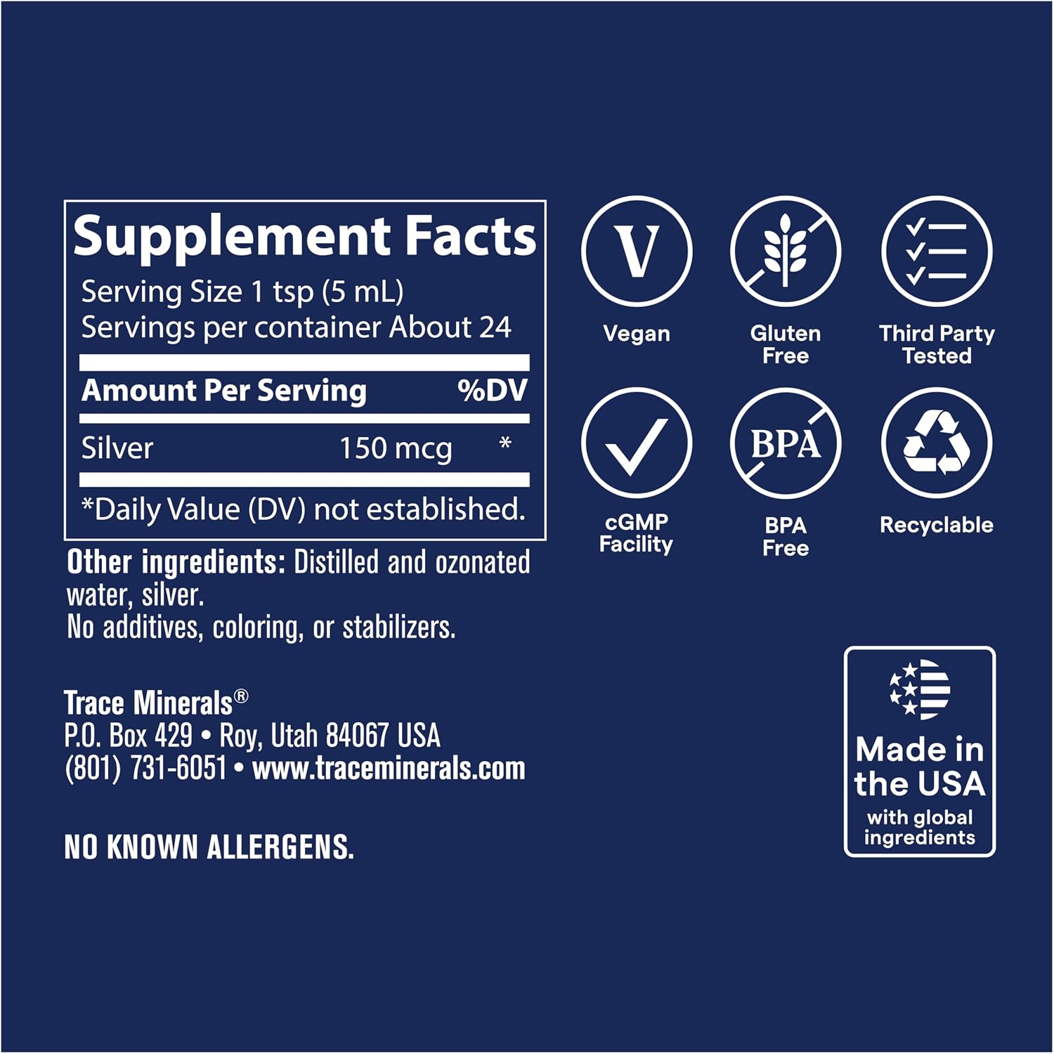 Trace Minerals Colloidal Silver Liquid Supplement, 16 oz | 30 PPM bio-active hydrosol, 99% pure silver, no additives or preservatives, distilled water base, super-oxygenated