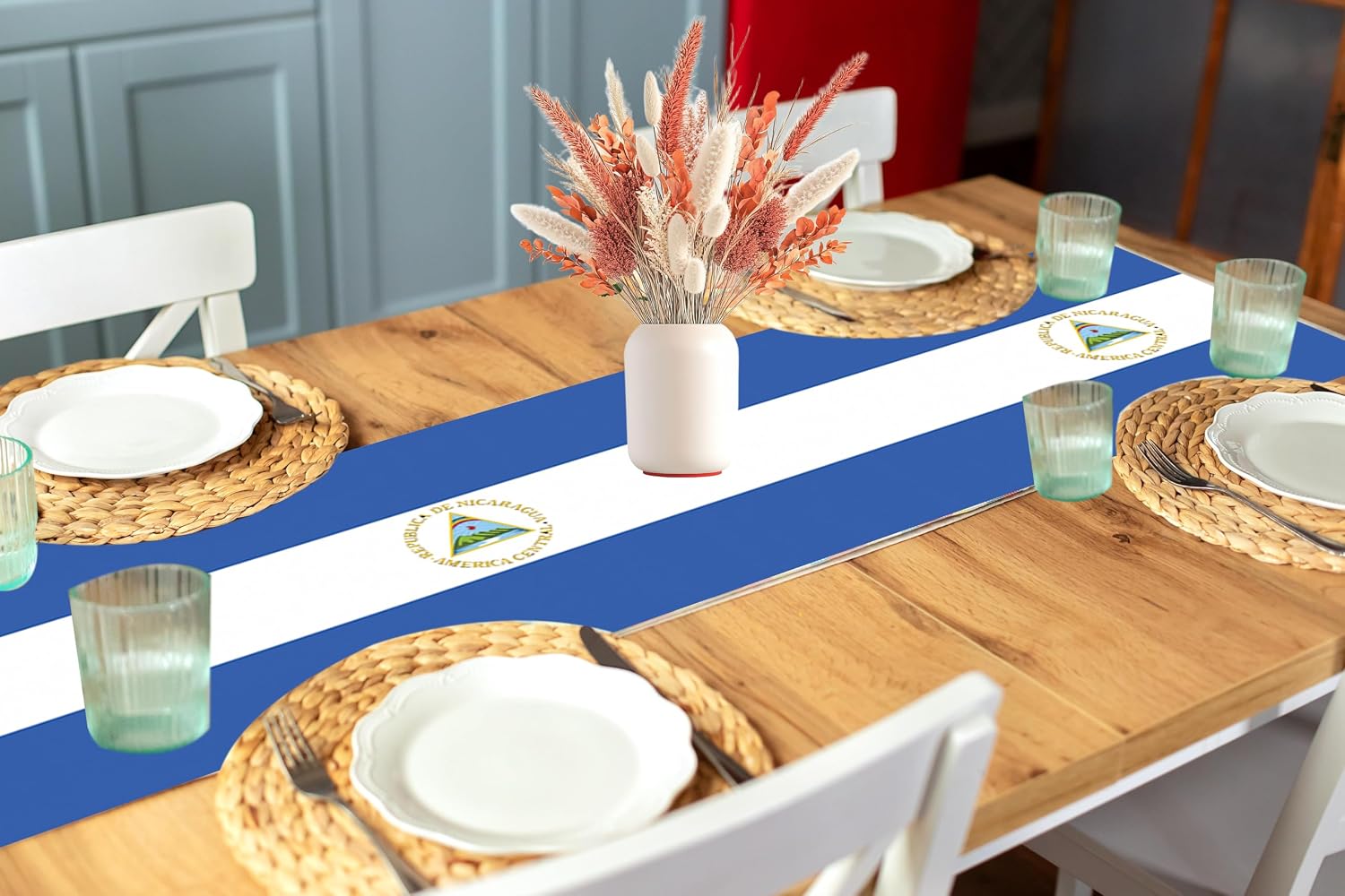 2PCS Nicaragua Flag Table Runner Nicaraguans Party Supplies Decorations Favors National Flag Decor Tablecloth National Sports Events Table Cover