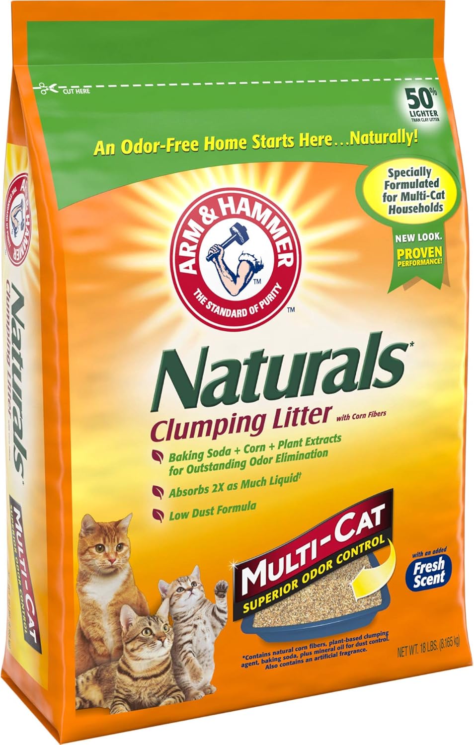 ARM & HAMMER Naturals Clumping Cat Litter, Multi Cat, 18 lbs | Plant-Based, Easy Scoop Clumps, Outstanding Odor Control, 2X Liquid Absorption, Low Dust, Lightweight Formula