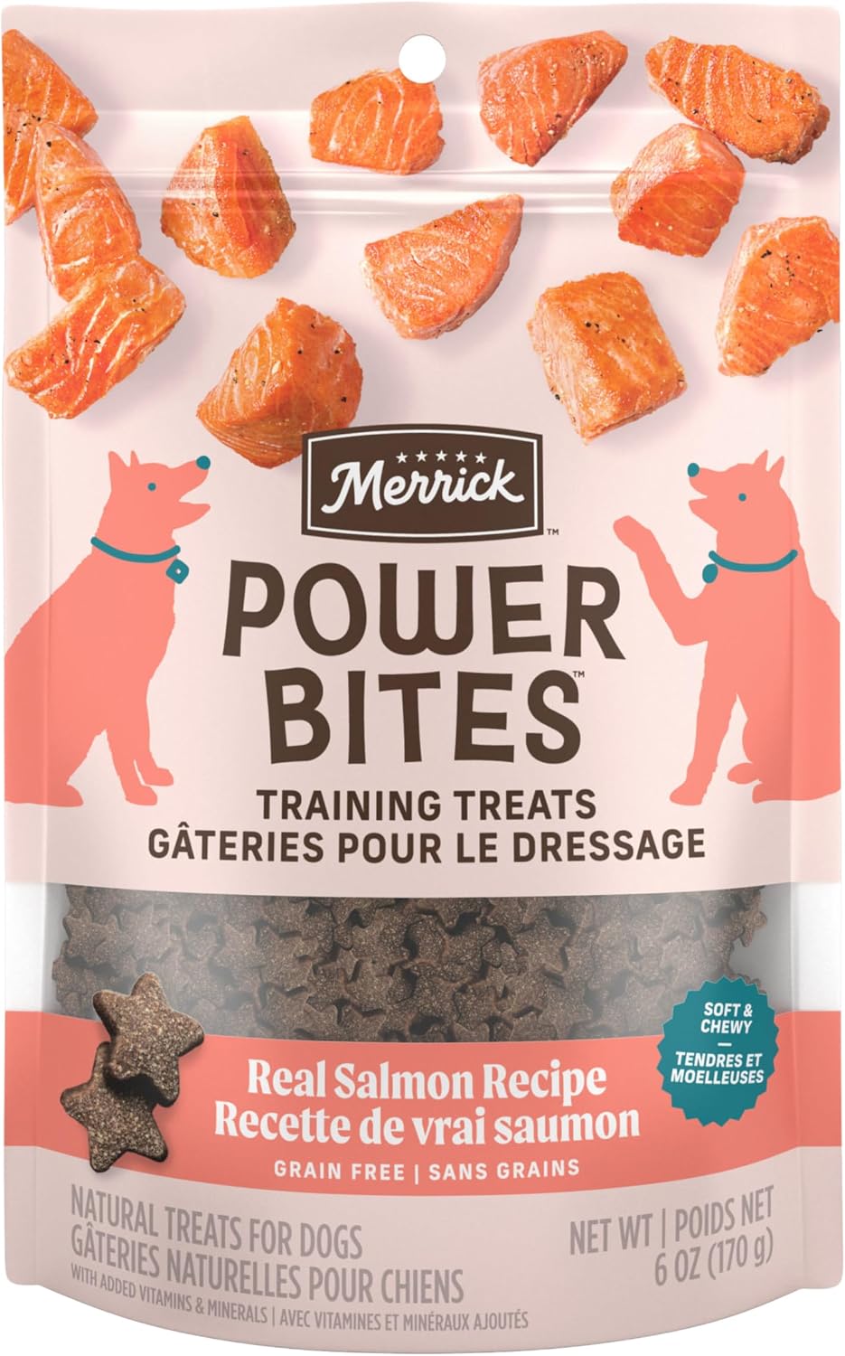 Merrick Power Bites Salmon Grain Free Dog Treats 6 oz Bag | Wholesome and flavorful dog treats made with salmon as the #1 ingredient, perfect for anytime snacking or training rewards