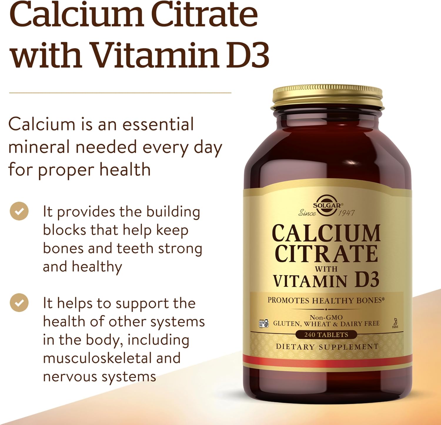 Solgar Calcium Citrate with Vitamin D3, 240 Tablets - 60 Servings | Promotes Healthy Bones & Teeth, Supports Musculoskeletal & Nervous Systems