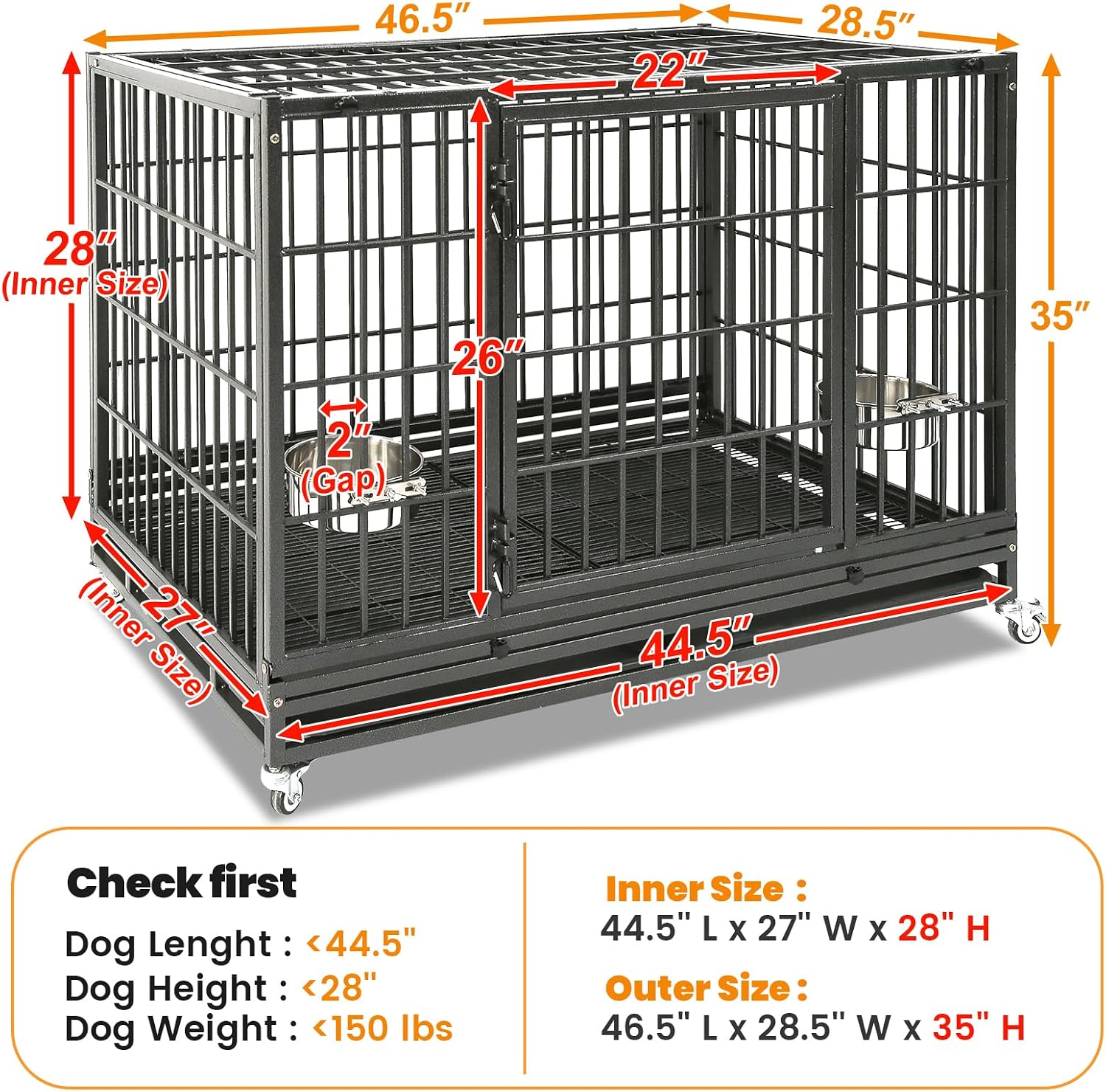 Homey Pet Taller 43" Heavy Duty Double Dog Crates with Divider & Dual Door | Drop Cage for Dogs with Lockable Wheels, Bowls, Removable Tray, Top Access, Ideal for Small to Medium & Large Dogs, Breeders
