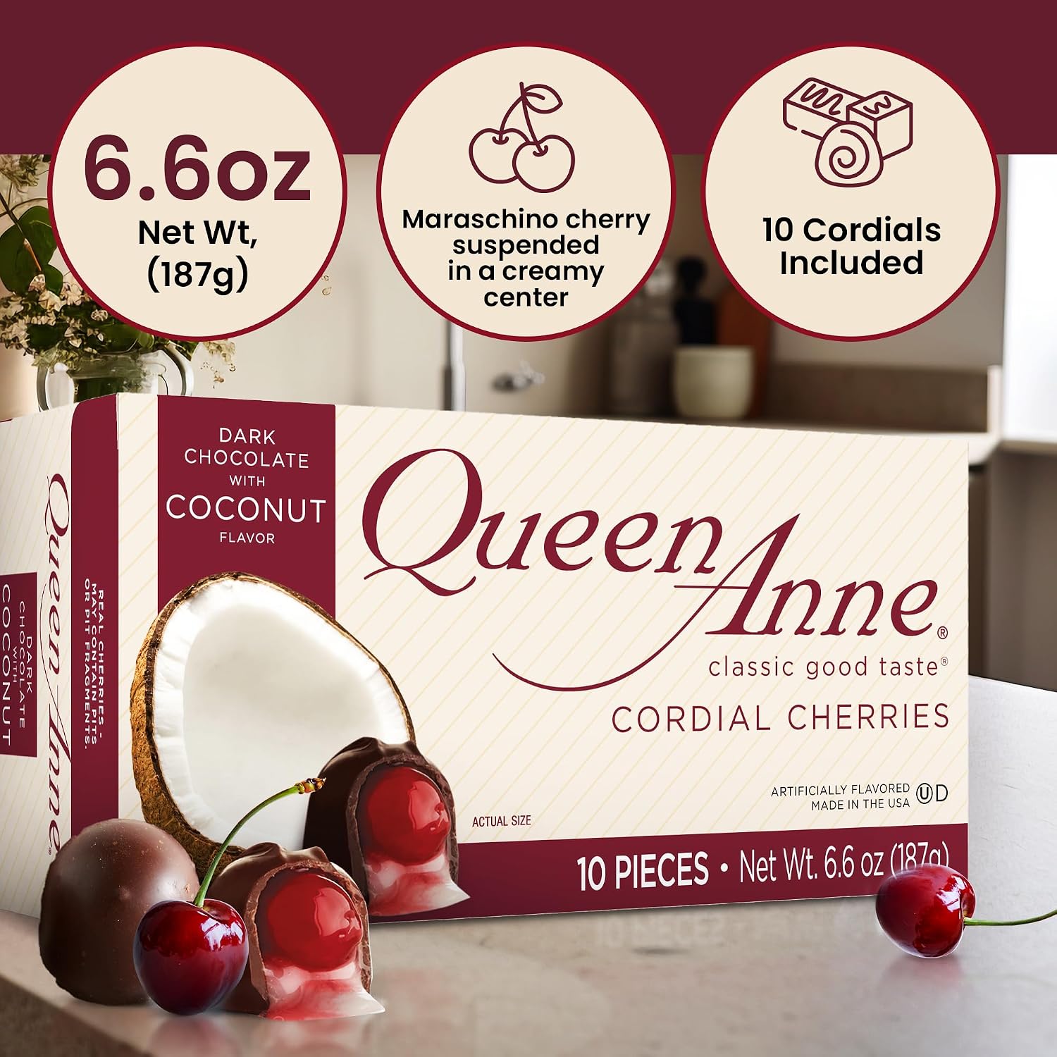 Queen Anne French Vanilla Chocolate Covered Cordial Cherries | 6.6 oz | 10 Piece Gift Boxes | Whole Maraschino Cherry Creamy Filled Liquid Center | Holiday Party Chocolate Candy