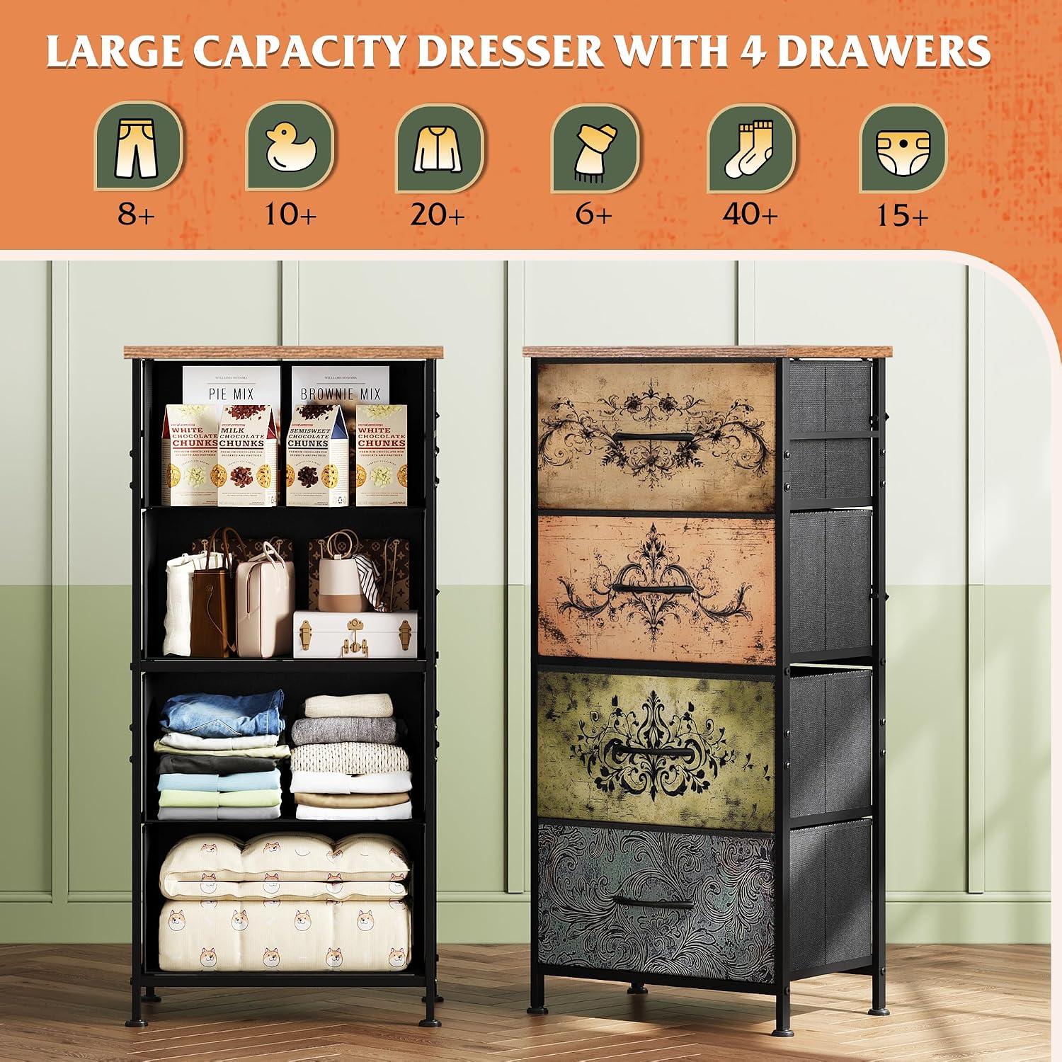 WLIVE Small Dresser Nightstand for Bedroom, 4 Drawers, Light Grey | 4 vertical fabric drawers, Space-saving tower, Bedroom or closet use, Chest of drawers, Dresser for small spaces