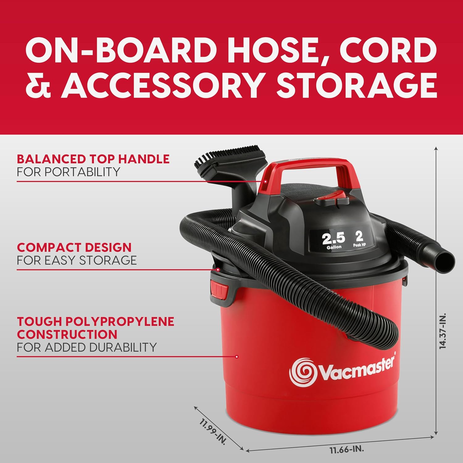 Vacmaster VOM205P 1101 2.5-Gal 2 Peak HP Wall Mount Wet/Dry Vacuum Red