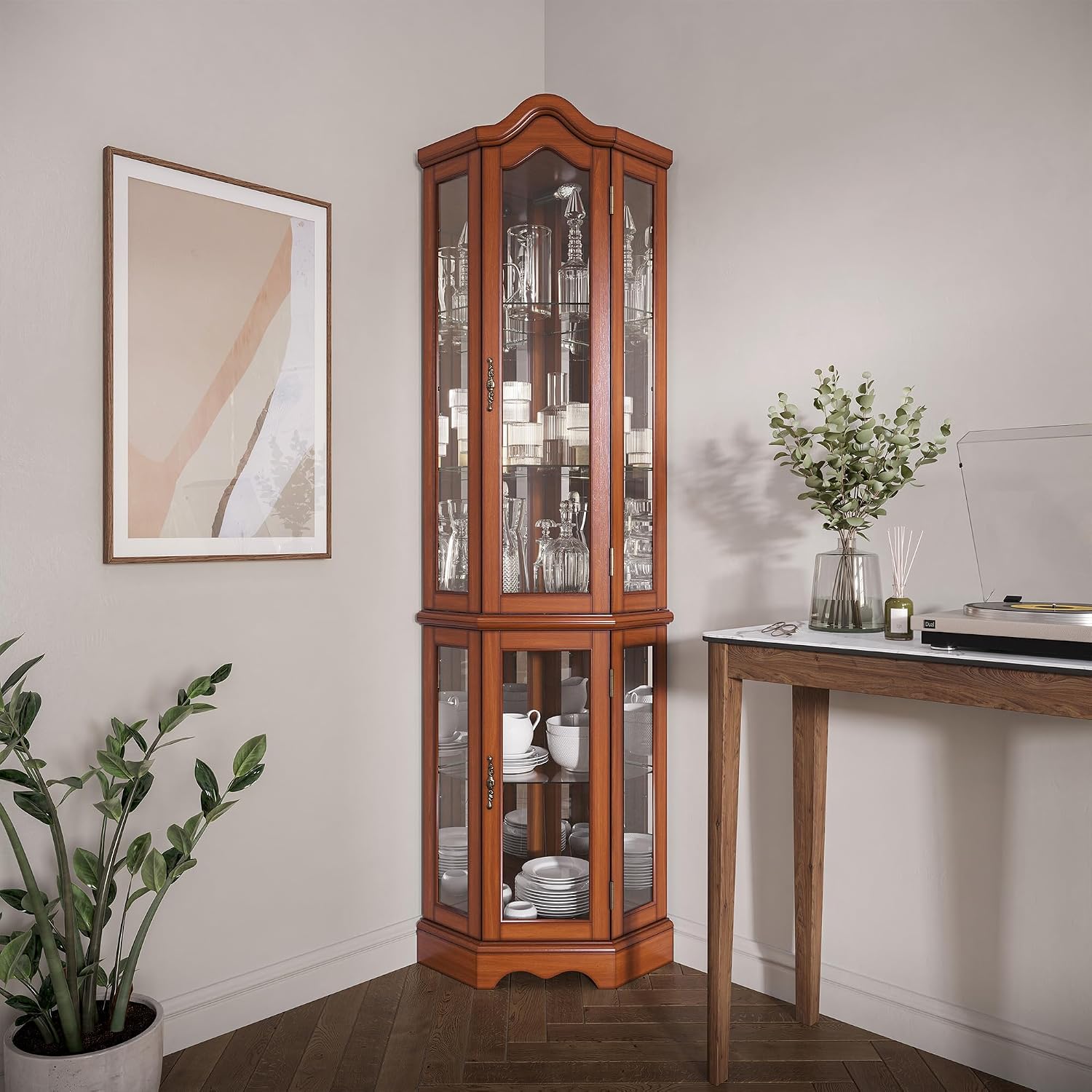 BELLEZE Lighted Corner Display Curved Top Curio Cabinet Wooden Shelving Unit with Tempered Glass Door
