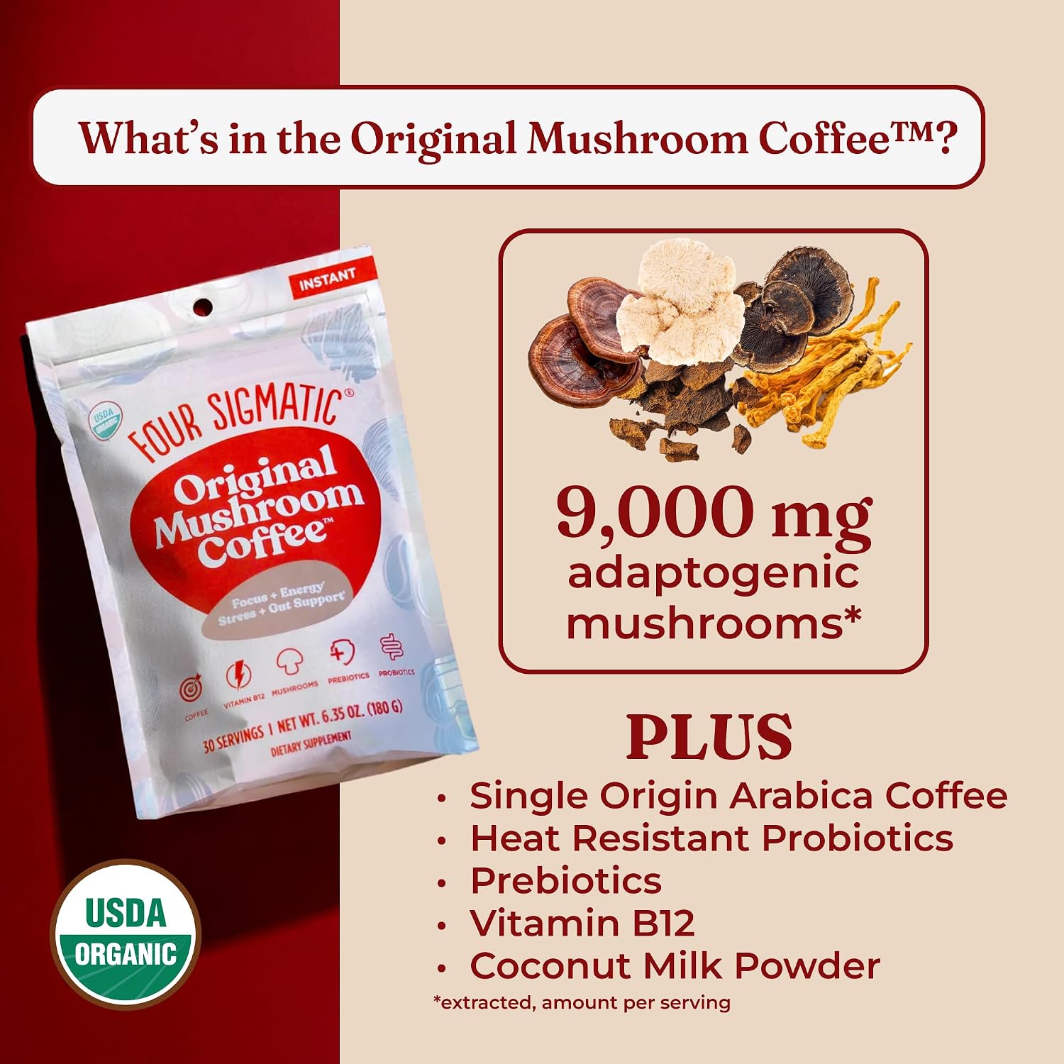 Four Sigmatic Organic Instant Coffee Powder | Mushroom Coffee Instant Mix with Cordyceps, Chaga and Eleuthero for Better Focus and Immune Support | 10 Packets