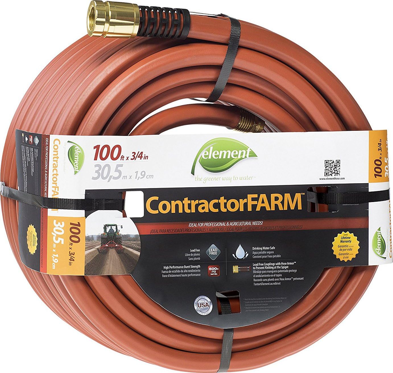 Element ContractorFARM Heavy Duty Watering Hose, 100' Length, 3/4" Diameter, 400+ PSI, Red
