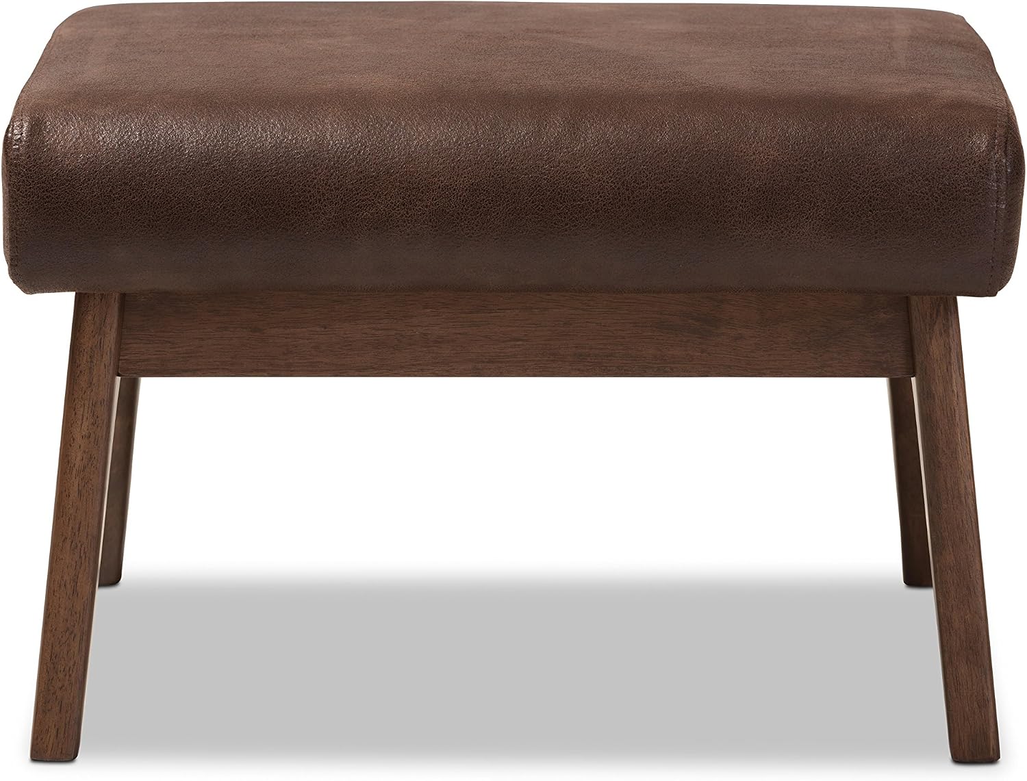 Baxton Studio Birk Mid-Century Modern Walnut Wood Dark Brown Distressed Faux Leather Ottoman