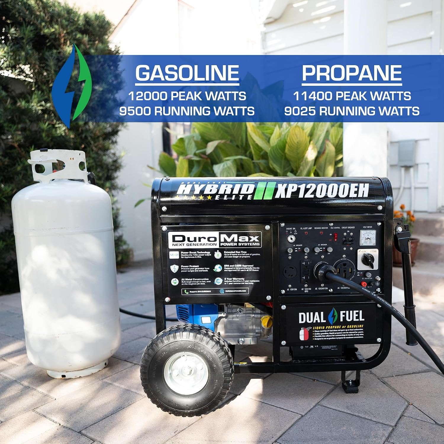 DuroMax XP12000EH 12,000-Watt Dual Fuel Portable Generator – Gas & Propane, Electric Start, Whole Home Backup Power, Transfer Switch Ready, RV & Emergency Ready