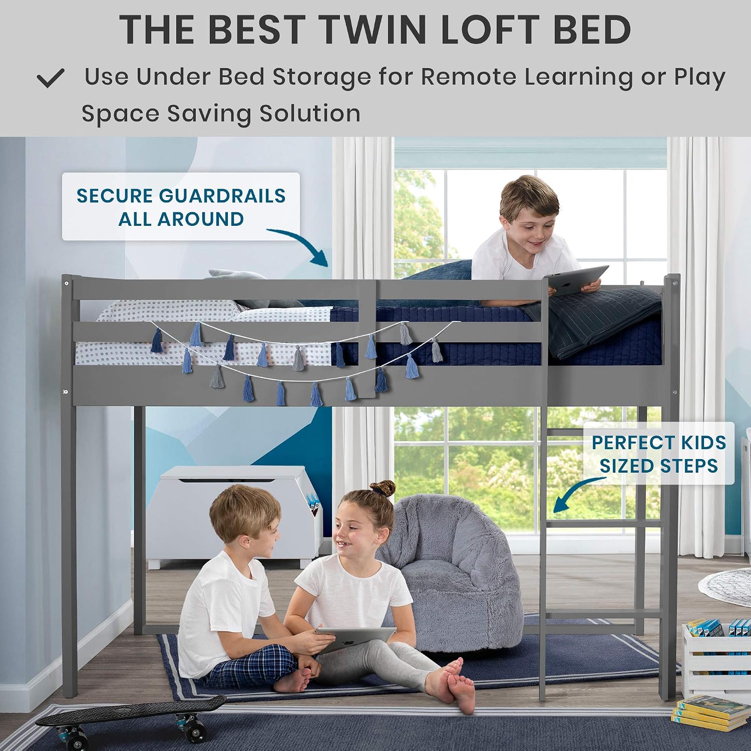 Delta Children Twin Loft Bed with Guardrail and Ladder (Coordinates with Loft Bed Tents Sold Separately), White