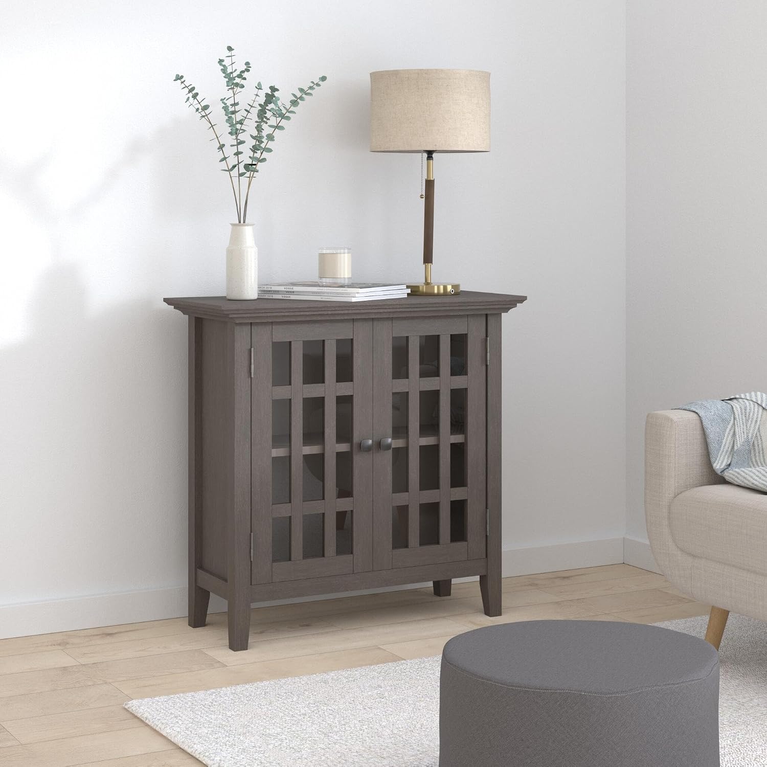 SIMPLIHOME Bedford 62" Wide Solid Wood Sideboard in Brunette Brown | Transitional low media console with glass doors and storage shelves for the living room, entryway or dining room.