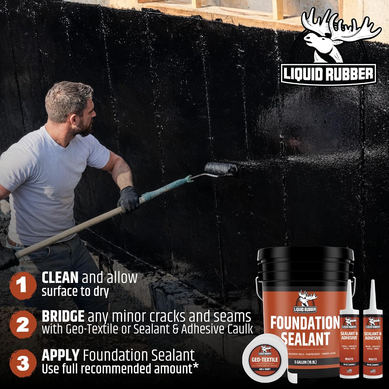 Liquid Rubber Foundation Sealant - Basement Waterproof Sealer, Black, 5 Gal | Flexible Elastomeric Coating - Crack Filler, Leak Repair, Basement Waterproofing Solution, Indoor/Outdoor Use, DIY Protection