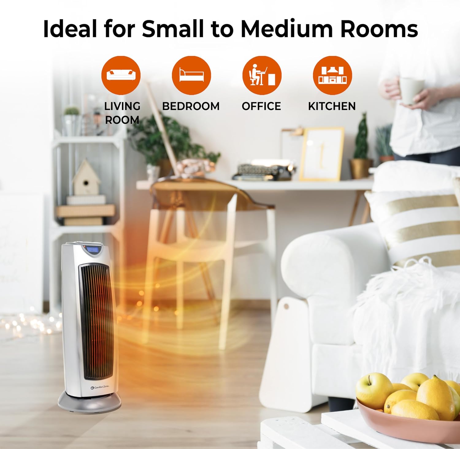Comfort Zone Electric Oscillating Ceramic Tower Space Heater, Remote, Backlit Digital Thermostat & Temperature Display, Timer, & Overheat Sensor