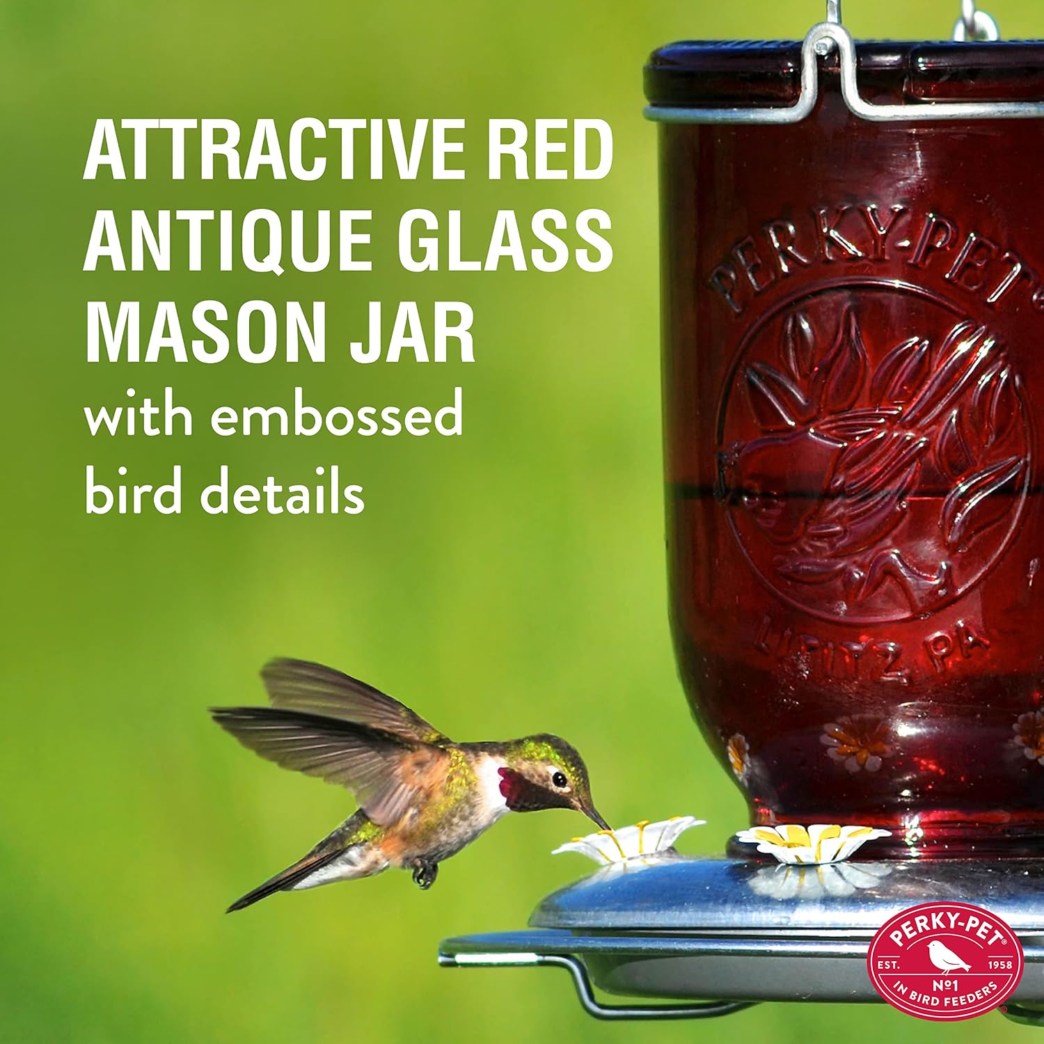 Perky-Pet Mason Jar Hummingbird Feeder, 32 oz Nectar Capacity | Vintage Style Glass Bird Feeder, 5 Flower Feeding Ports, Outdoor Garden Backyard Wildlife