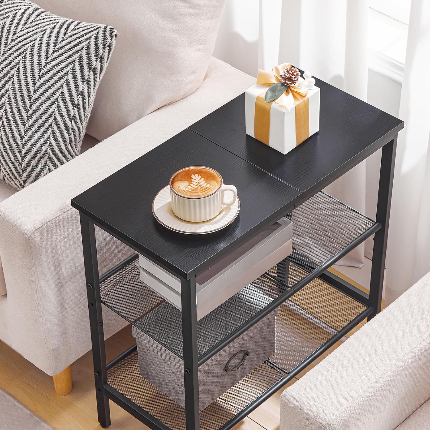 HOOBRO End Table, 3-Tier Narrow Side Table, Nightstand with 2 Flat or Slant Adjustable Shelves for Small Spaces, Hallway, Living Room, Bedroom, Sturdy