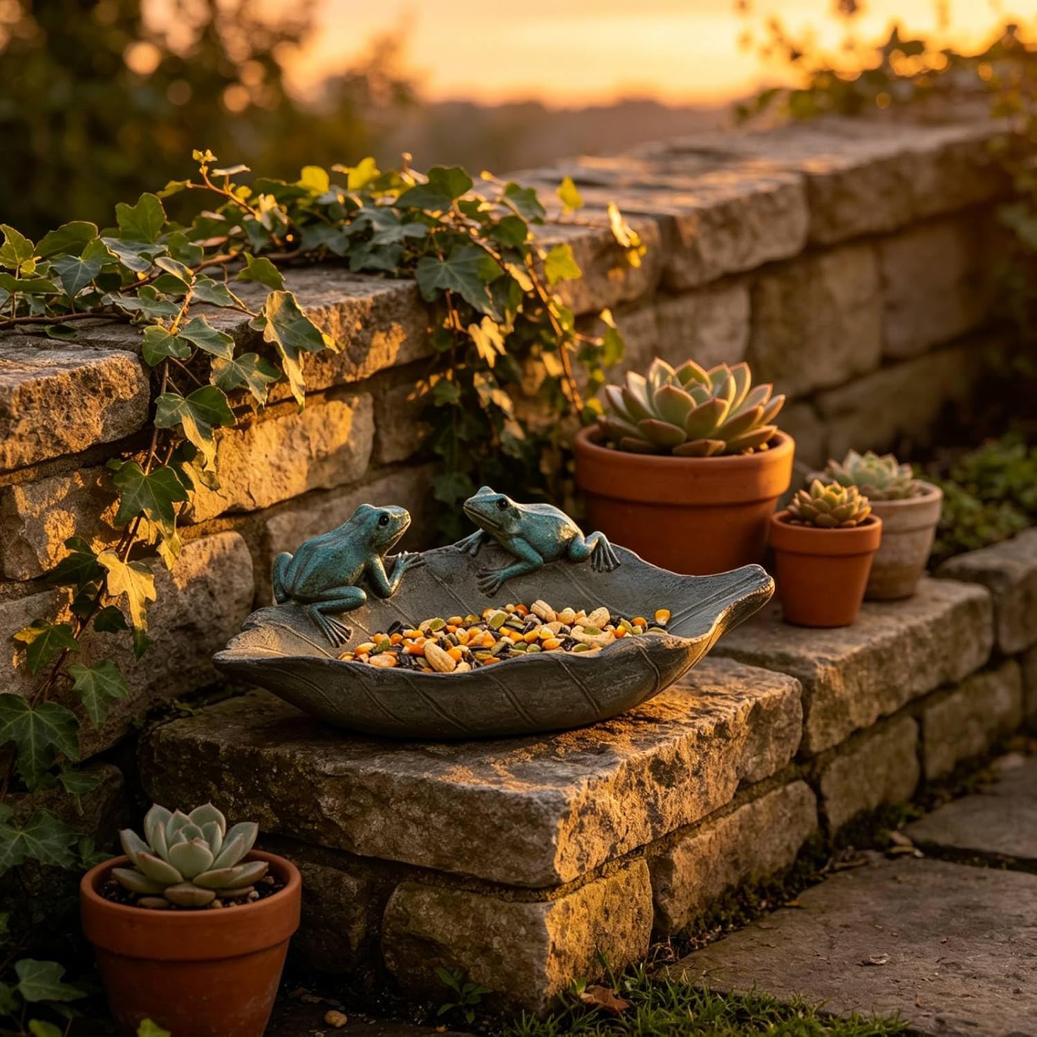 Bird-Feeder Wild Bird-Bath Bowl Outdoors - Garden Decor Polyresin Birds on Leaf 12.4 * 7.5 * 4.1 Inch-Newman House Studio