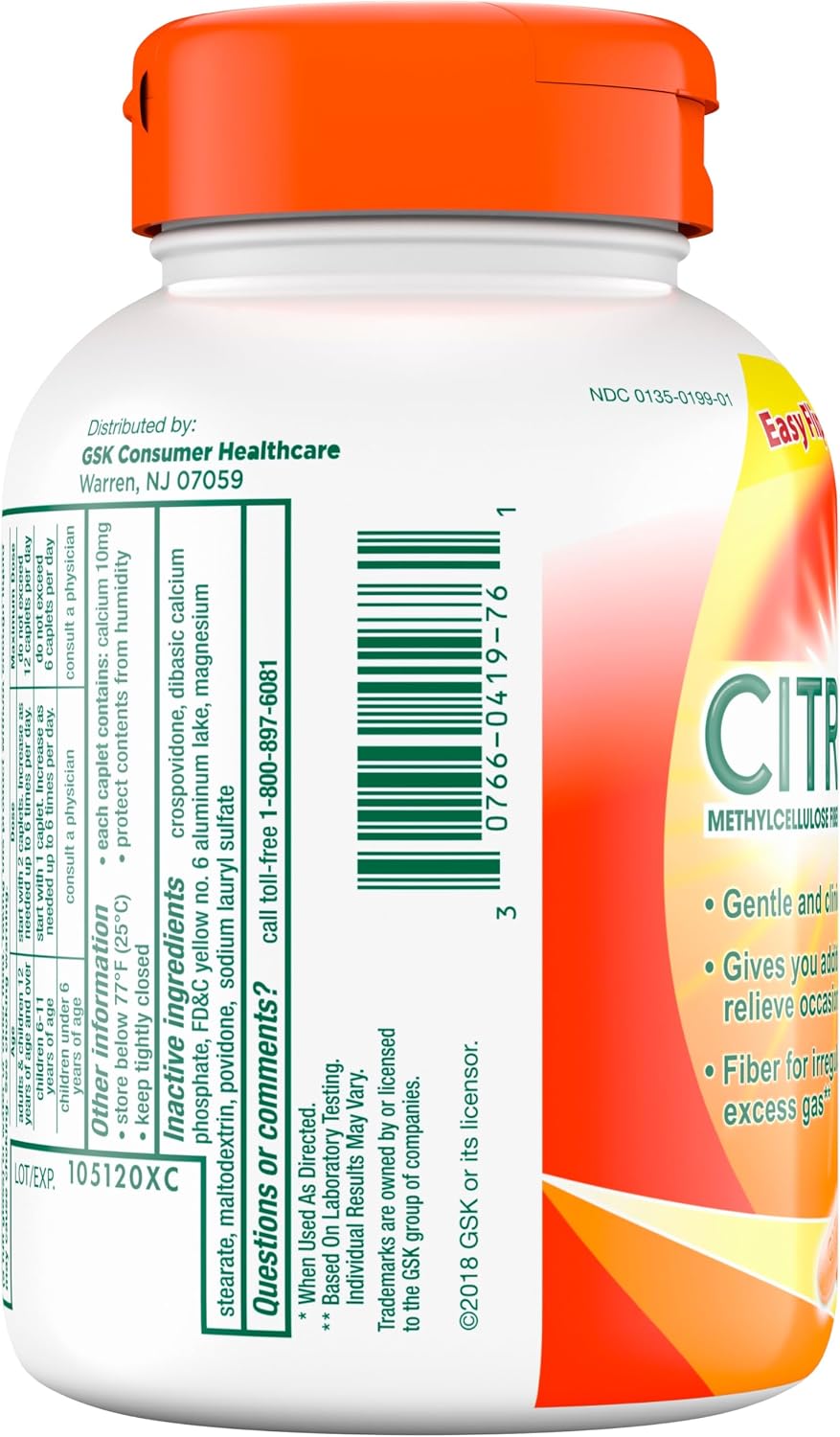 Citrucel Powder Fiber Therapy for Occasional Constipation Relief, 16.9 oz | Sugar Free, Methylcellulose Fiber Therapy for Irregularity That Won't Cause Gas, Orange Flavor