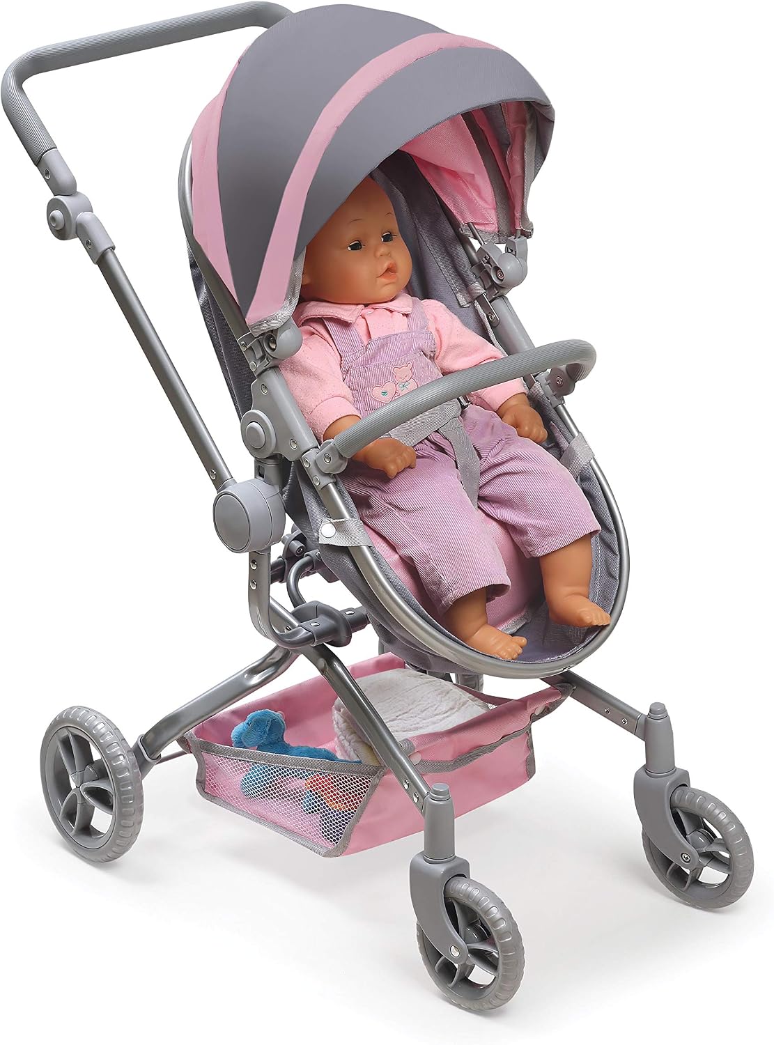 Badger Basket Foldable Doll Stroller & Pram with Canopy - Gray/Pink