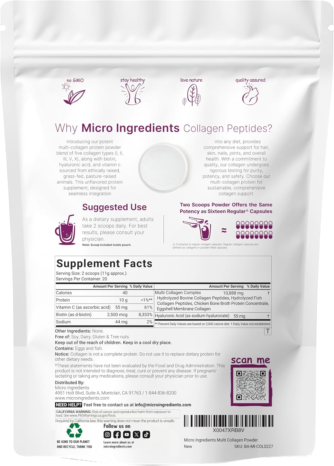 Micro Ingredients Multi Collagen Peptides Powder, 2lb (82 Servings) | Hydrolyzed Type I, II, III, V, X with Biotin, Hyaluronic Acid & Vitamin C. Unflavored Collagen for Women & Men, Easy Dissolve