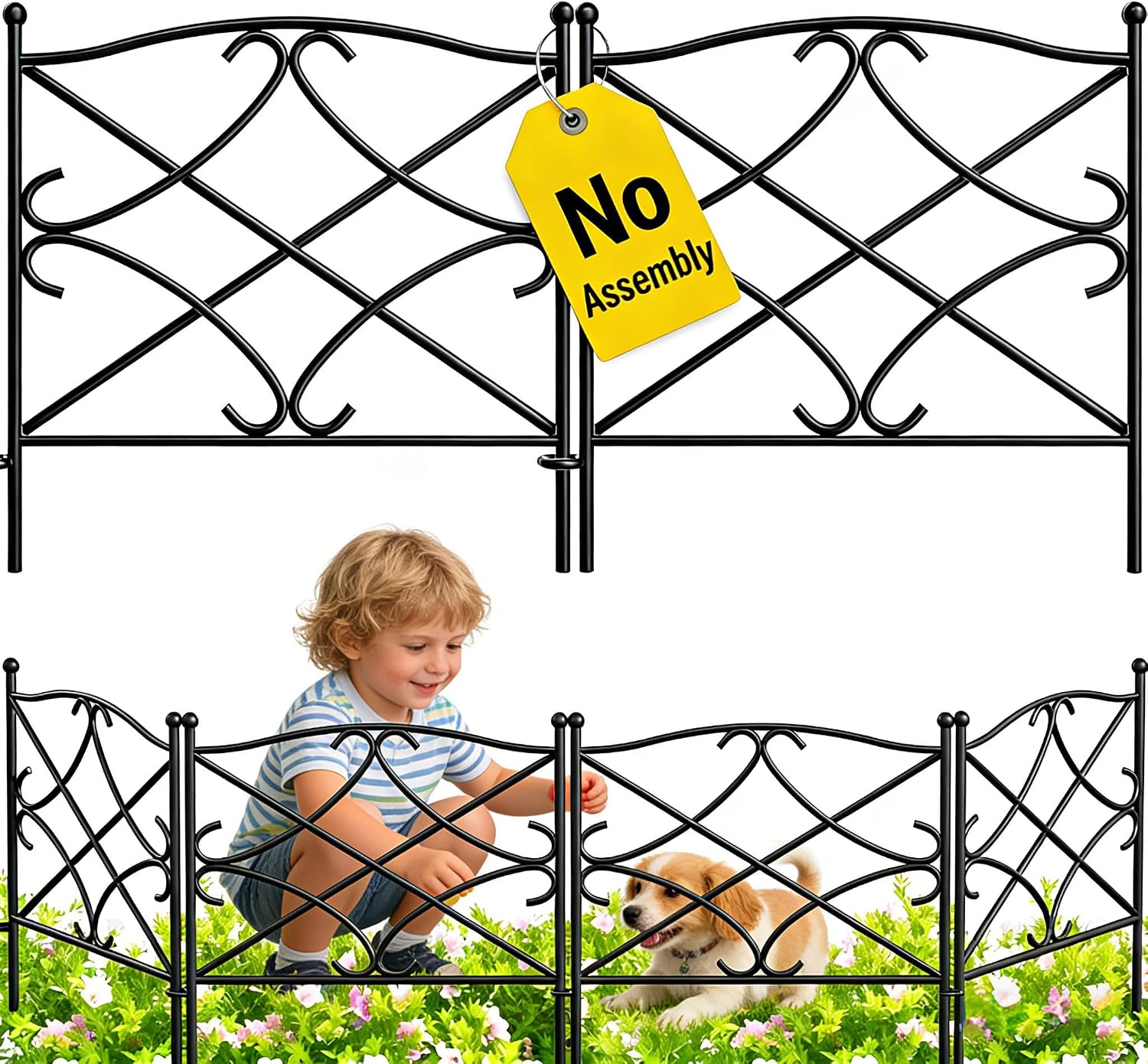 AMAGABELI 10 Panels 17in(H)×10ft(L) Decorative Garden Fences and Borders for Dogs No Dig Rustproof Metal Fence Panels Garden Edging Border Animal Barrier Fencing for Flower Beds Yard Patio Decor Black