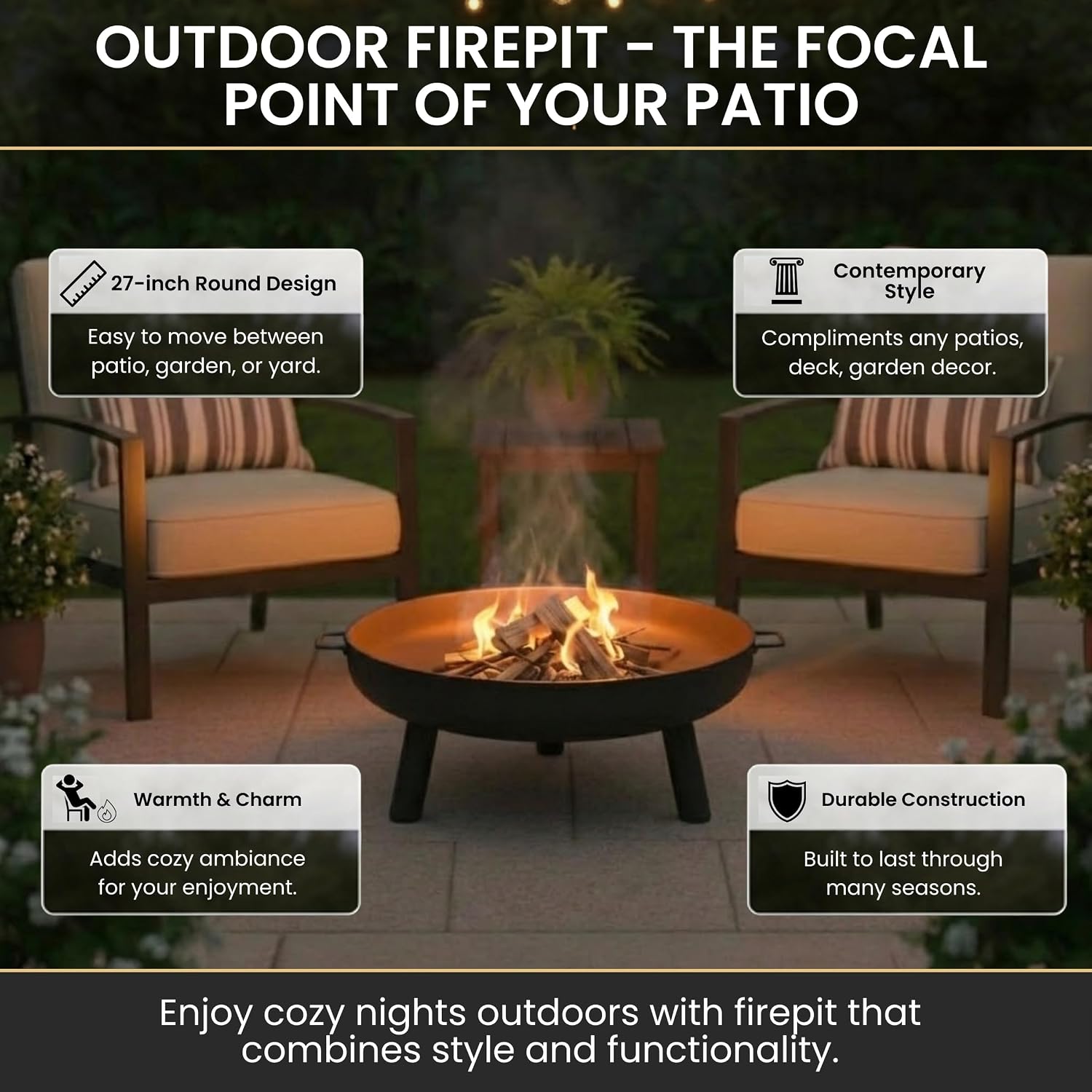 Pure Garden Outdoor Fire Pit, Black, 27.5-Inch
