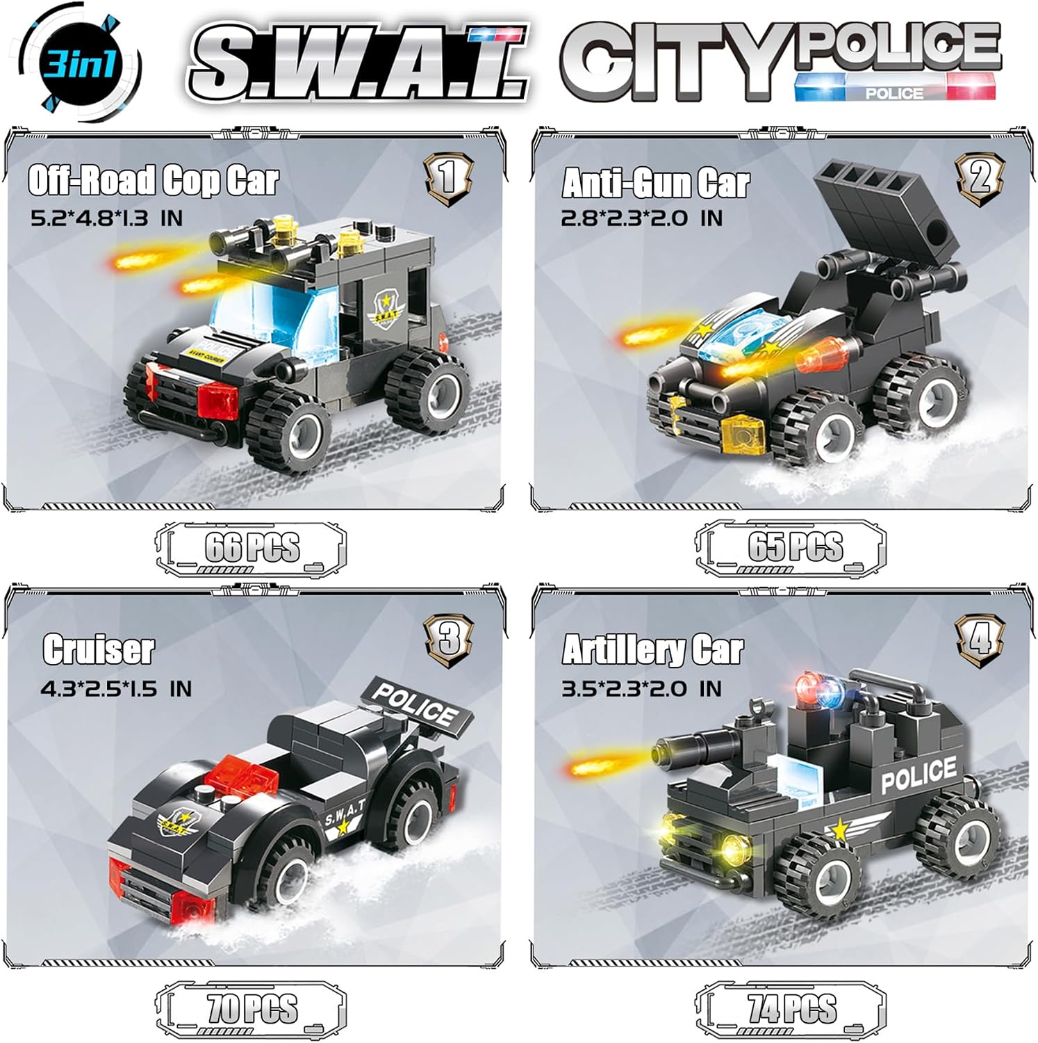 1110 PCS SWAT City Police Set Cop Car Building Set with Helicopter, Boat, Police Station, Mobile Command Center Truck Toys in 25 Different Models