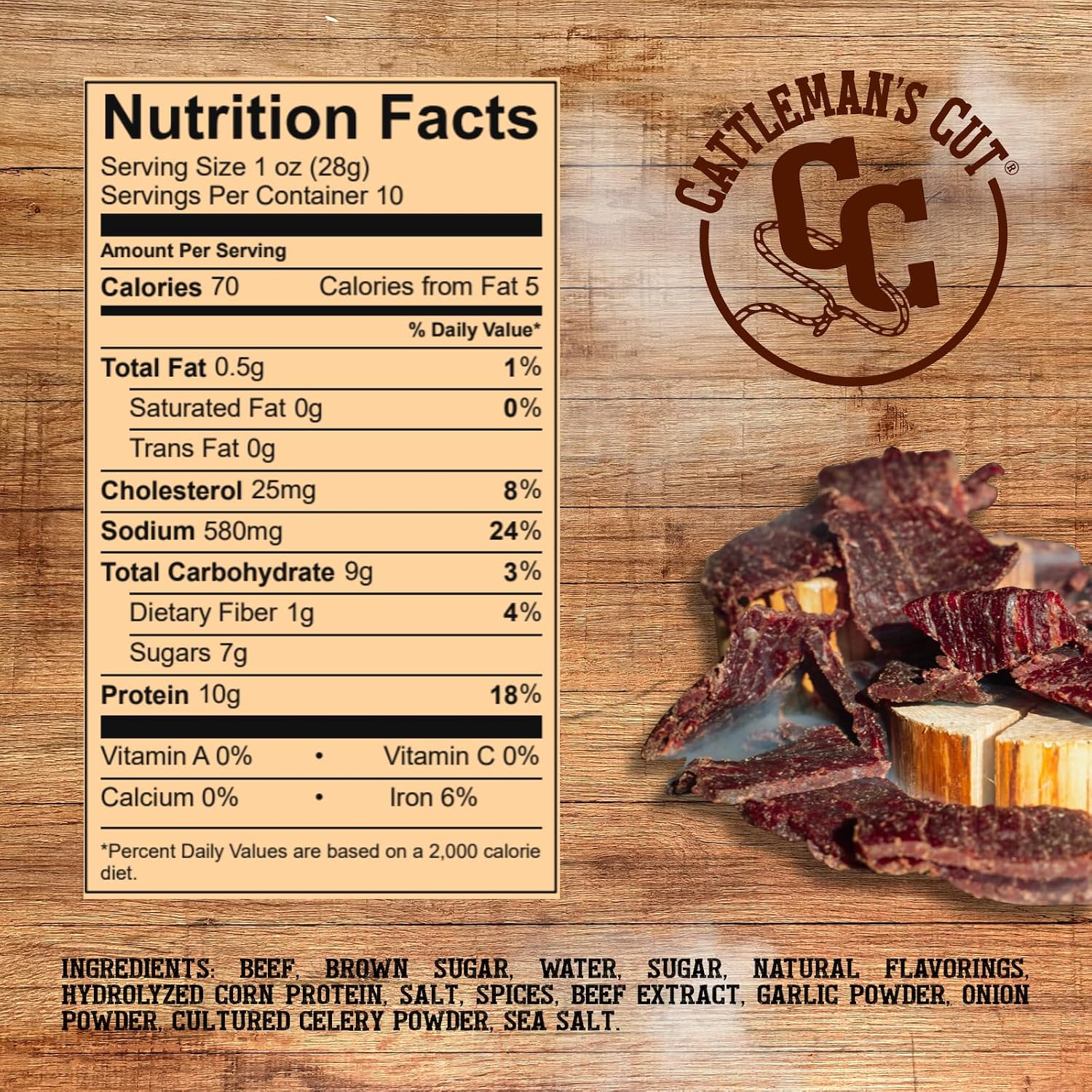 Cattleman's Cut Original Beef Jerky, Premium Marinated Steak High Protein Meat Snacks, Keto Friendly, Gluten Free, Carnivore Travel Snack, Resealable Bag, 10 Ounces