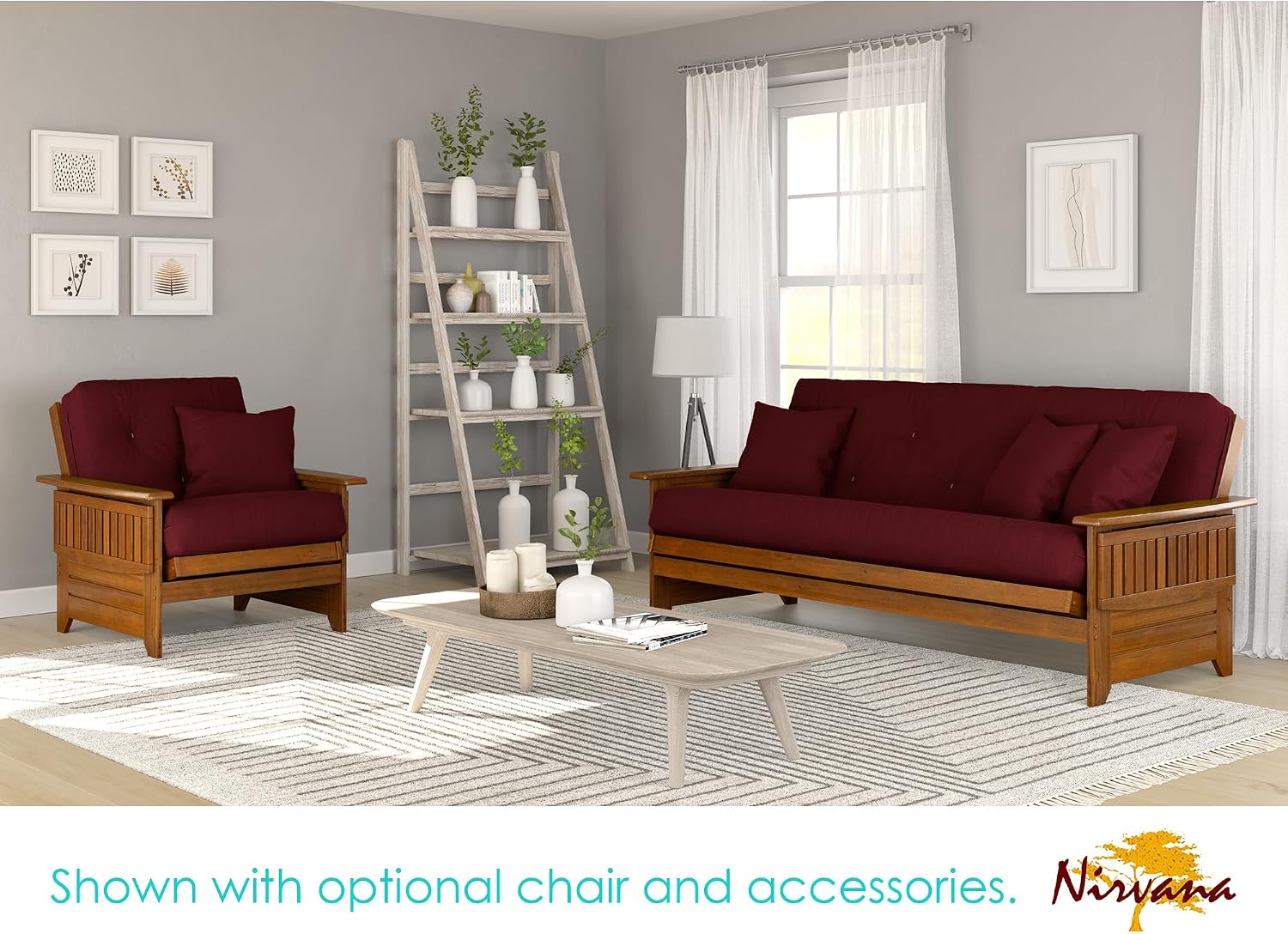 Brentwood Tray Arm Futon Sofabed Set - Queen Frame, 8" Microfiber Fudge Mattress, Heritage Finish