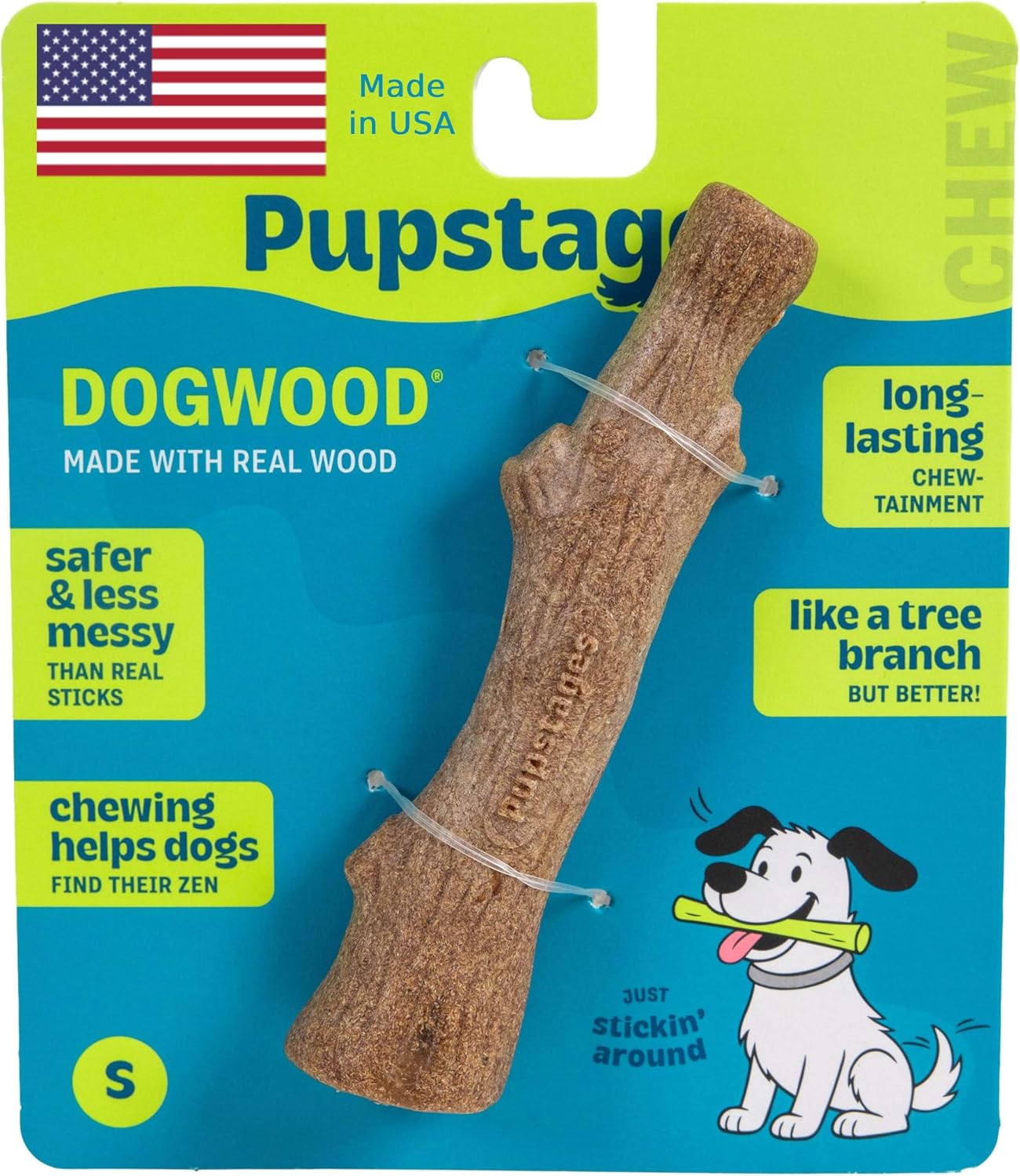 Pupstages Dogwood Dog Chew Toy, Made in the USA – Real-Wood Blend, Natural Flavor & Texture, Moderate Chewers, Small, 5.4"