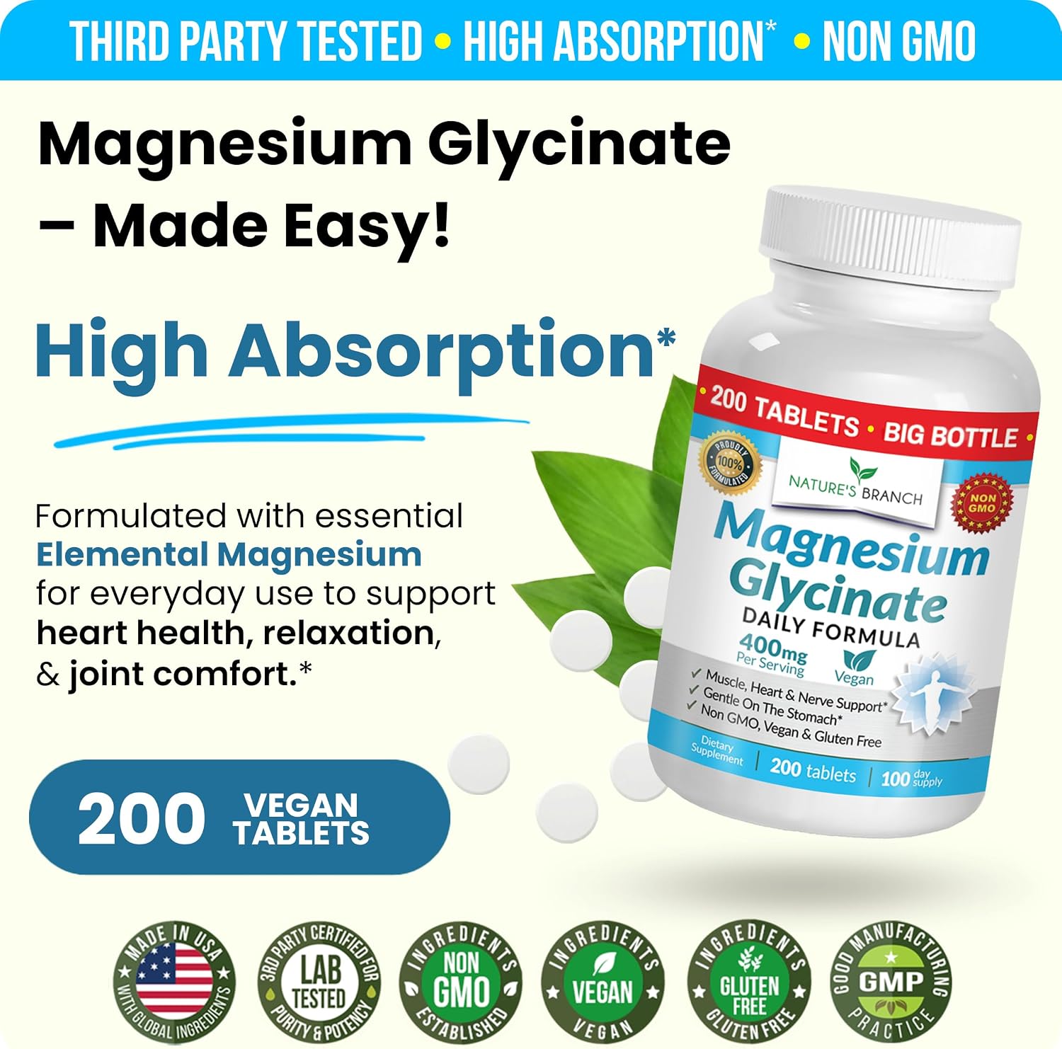 Magnesium Glycinate 400mg | 200 Tablets – High Absorption for Sleep & Heart
