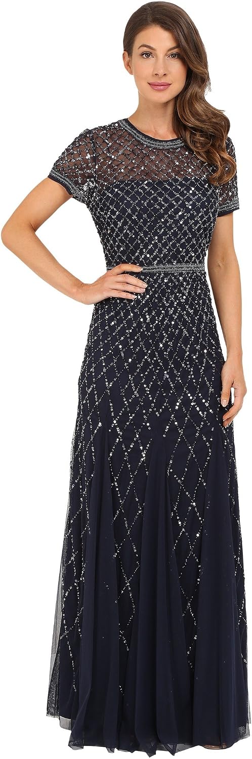 Adrianna Papell Womens Short-Sleeve Grid Beaded Gown