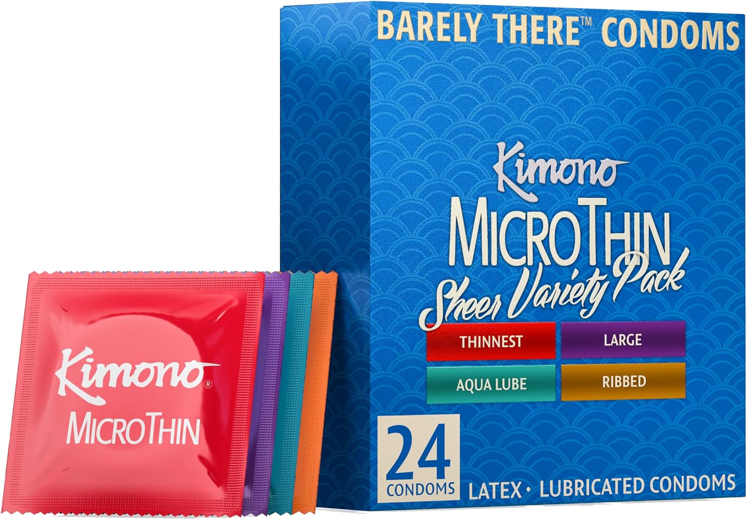 Kimono MicroThin Sheer Variety Pack of 12 - Multiple Styles of Ultrathin Condom Shapes, Unique Designs in One Pack, Natural Latex Condoms, Vegan-Friendly, No Latex Odor - Enhanced Sensitivity