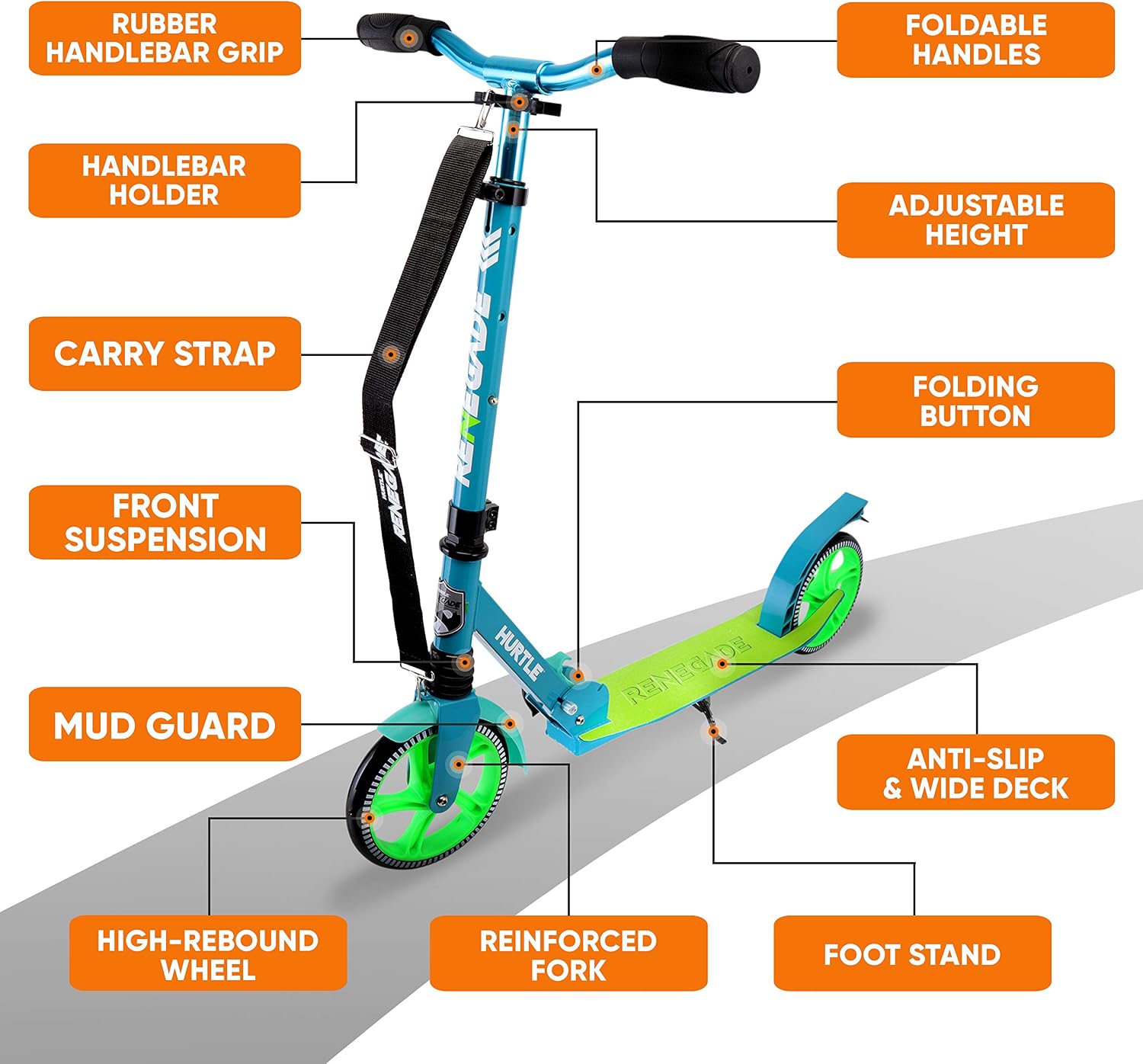 Hurtle Renegade Kick Scooter for Kids, Teenagers & Adults - 2-Wheel Folding Scooter with Adjustable T-Bar Handlebar - Alloy Anti-Slip Deck