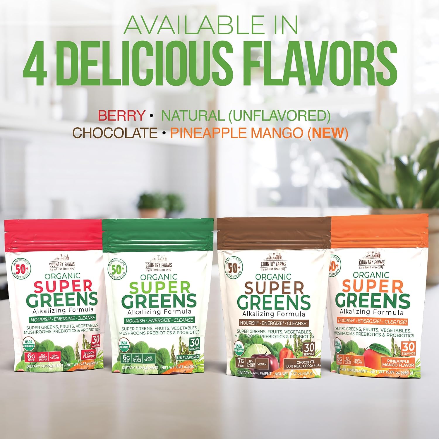 Country Farms Organic Super Greens Powder, Daily Greens Drink Mix with 50 Organic Superfoods, Fruits, Vegetables, Fiber, Mushrooms & Probiotics for Gut Health, Digestion & Energy, Berry Flavor
