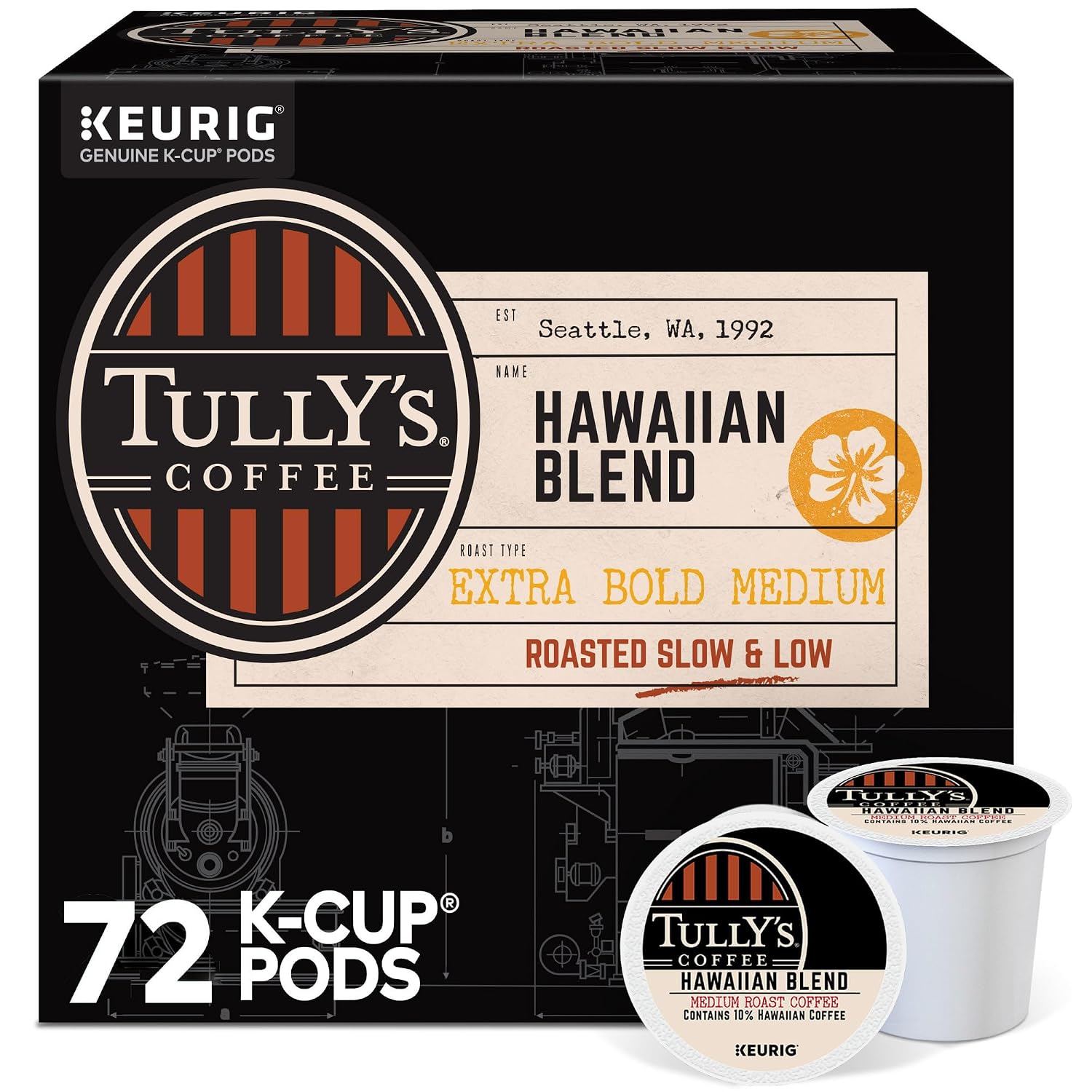 Tully's Coffee Hawaiian Blend Keurig Single-Serve K-Cup Pods, Medium Roast Coffee, 96 Count