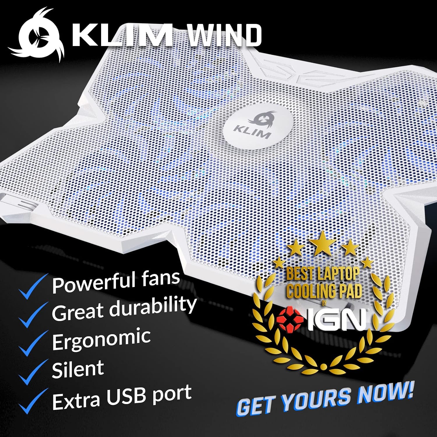 KLIM Wind Laptop Cooling Pad - More Than 500 000 Units Sold - New Version - The Most Powerful Rapid Action Cooling Fan - Laptop Stand with 4 Cooling Fans at 1200 RPM - USB Fan - PS5 PS4 - Blue