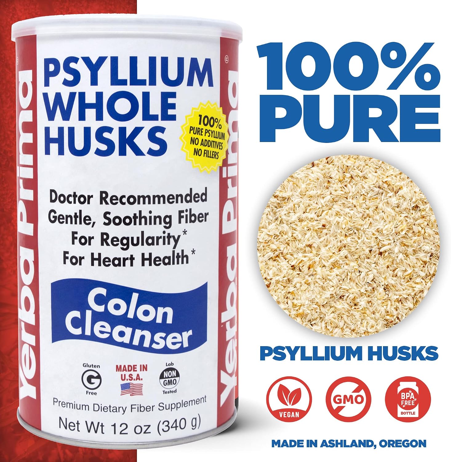 Yerba Prima Psyllium Whole Husks, Colon Cleanser 12 oz (Pack of 2) - All Natural Dietary Fiber, Pure Premium Psyllium, Lab-Tested Non-GMO, Gluten-Free Fiber