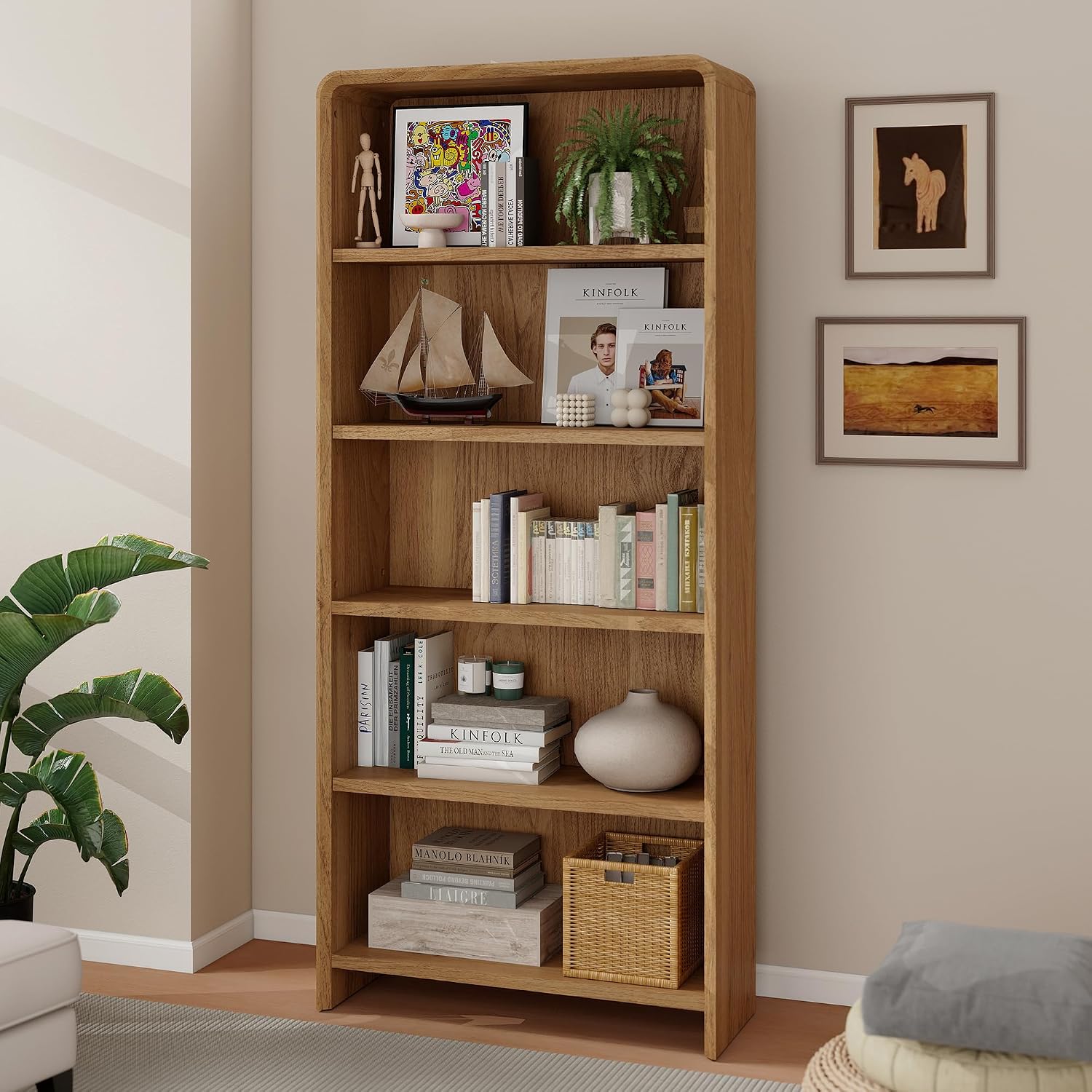 Bevfint 44" Bookcase Tall 3 Shelves Wood Bookshelf with Curved Soft Edges, Heavy Duty Storage Cabinet for Professional Home Office and Living Room, Modern Natural Oak Grain Finish