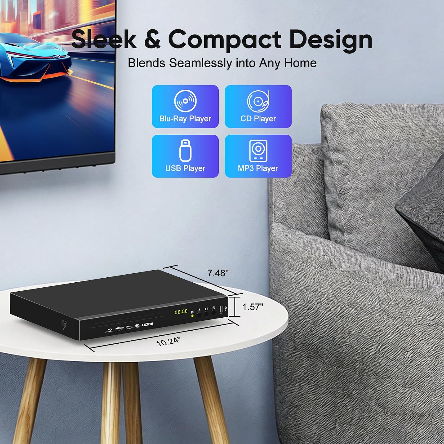 Blu-ray DVD Player Full HD 1080p with Dolby Digital, TrueHD and DTS Audio | DVD Upscaling, Region A Blu-ray & Region 1 DVD Support, 128GB USB Playback