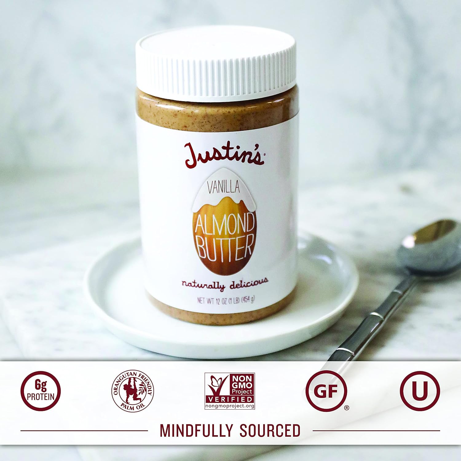 Justin's Vanilla Almond Butter, Gluten-free, Non-GMO, Vegan, Sustainably Sourced, 16 Ounce Jar