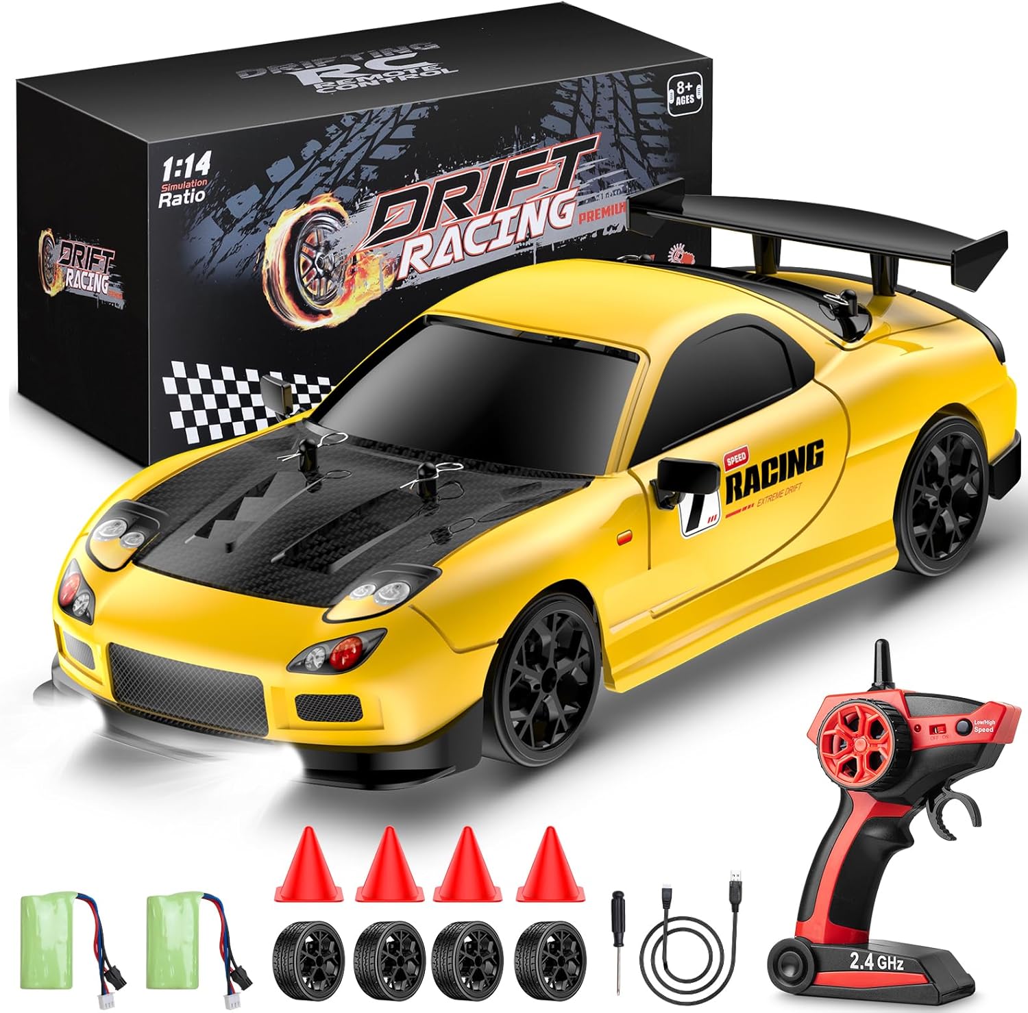 RC Drift Car, 1:14 4WD Drift Remote Control Car 2.4GHz 28km/h Drift RC Car, LED Lights,Racing and Drift Tires RTR for Teens, Kids, Boys