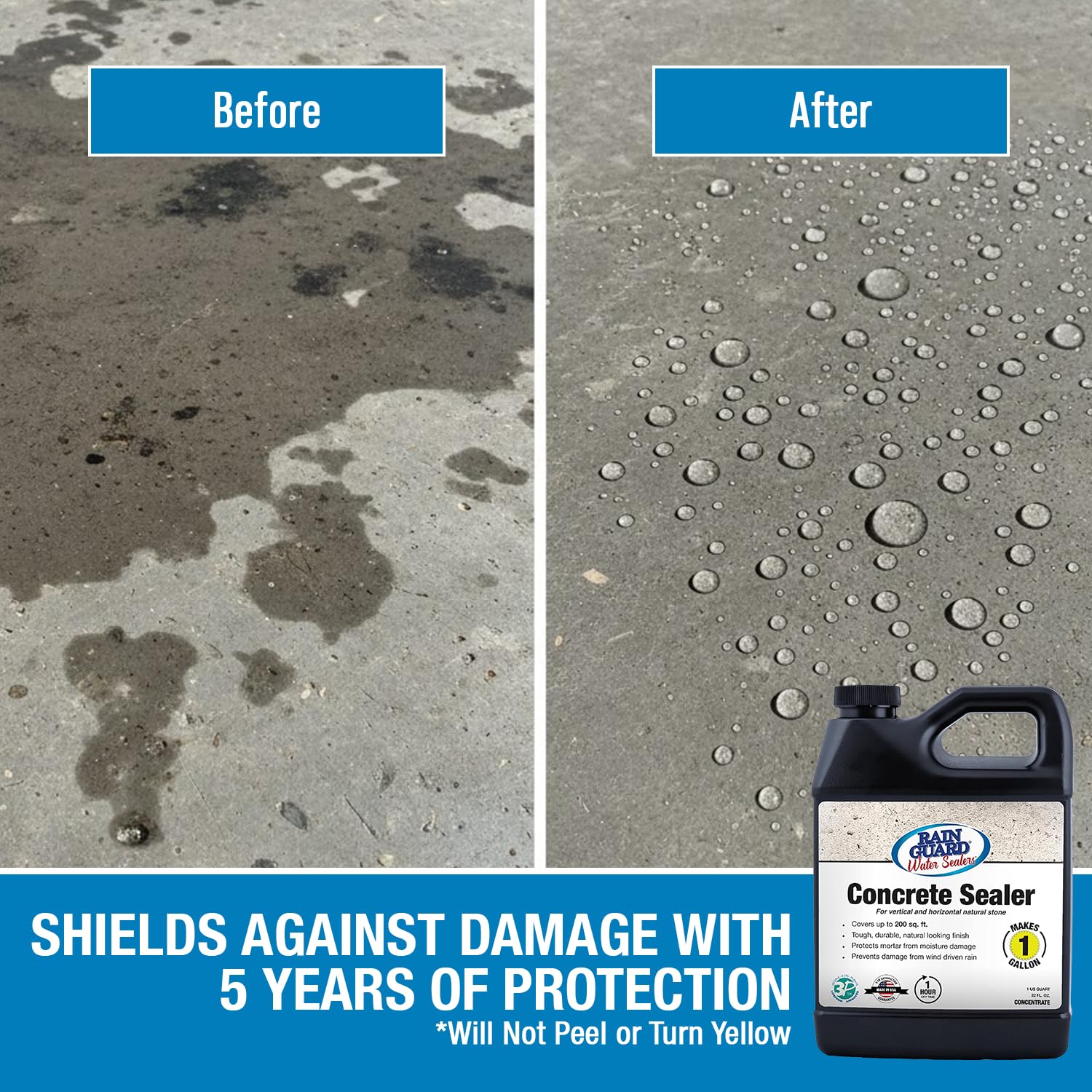 Rain Guard Concrete Sealer 5 Gallon | Ready to Use | Natural Finish | Deep Penetrating Protection Against Water and Salt Damage for All Concrete Surfaces | Silane/Siloxane Waterproofer | Ready To Use, Natural Finish, Clear, Deep Penetrating Protection Ag…