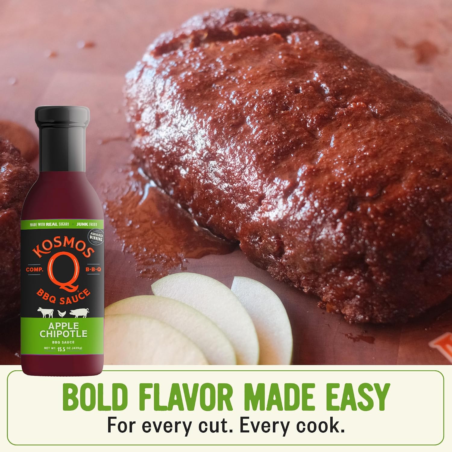 Kosmos Q Sweet Apple Chipotle BBQ Sauce, Tangy Natural Barbecue Sauce with Real Apples & Spicy Chipotle Peppers, Sweet & Spicy Glaze for Pork, Chicken, Ribs & More, Gluten Free, 15.5 Oz Bottle