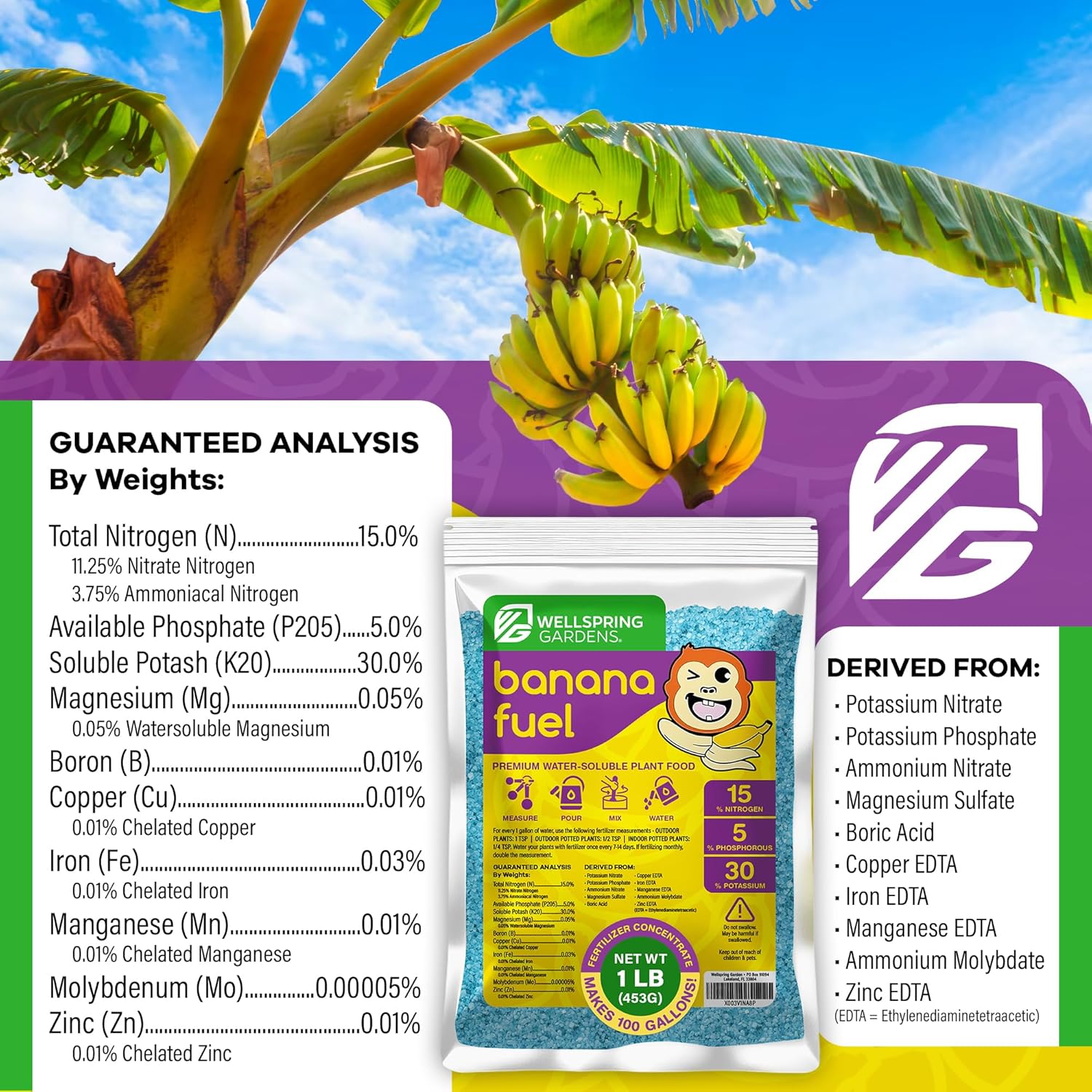 Wellspring Gardens Banana Fuel Fertilizer - Water-Soluble 15-5-30 Blend - Fertilizer for Banana Trees & Plants - Grow Healthy Plants (2 Pounds)